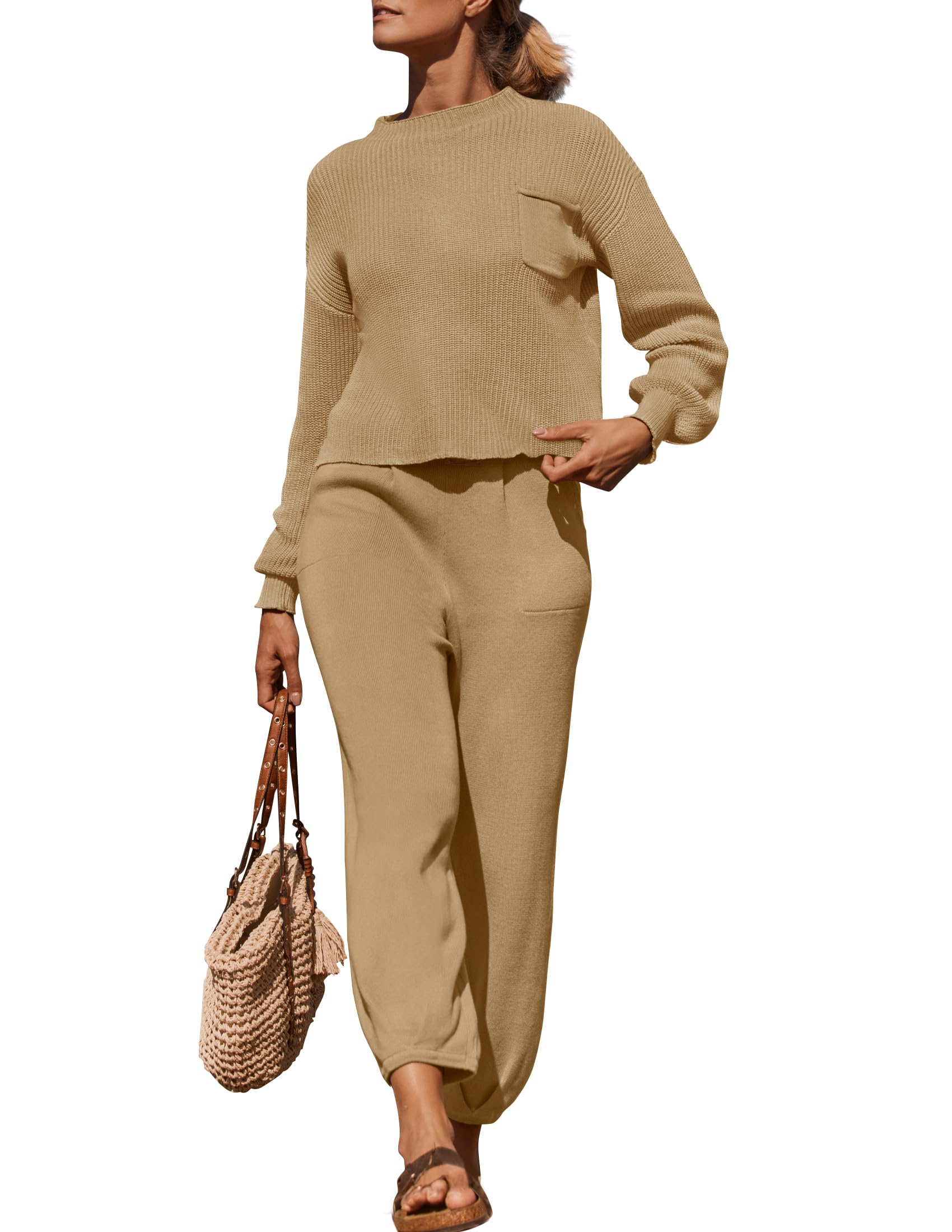 Luxuii Mock Neck Knit Pullover Top High Waist Pant Sweater Set