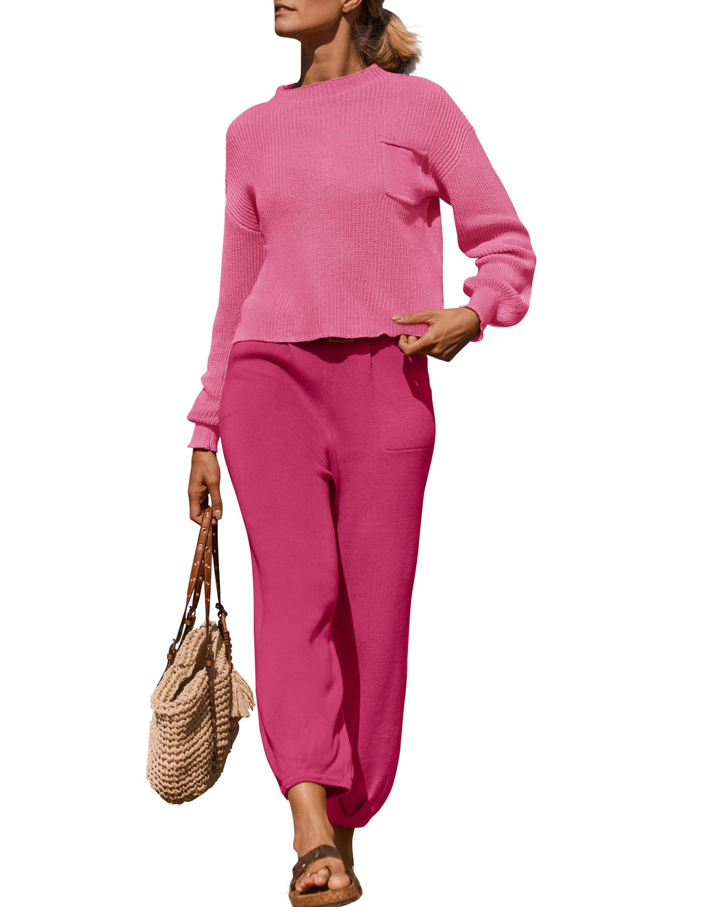 Luxuii Mock Neck Knit Pullover Top High Waist Pant Sweater Set