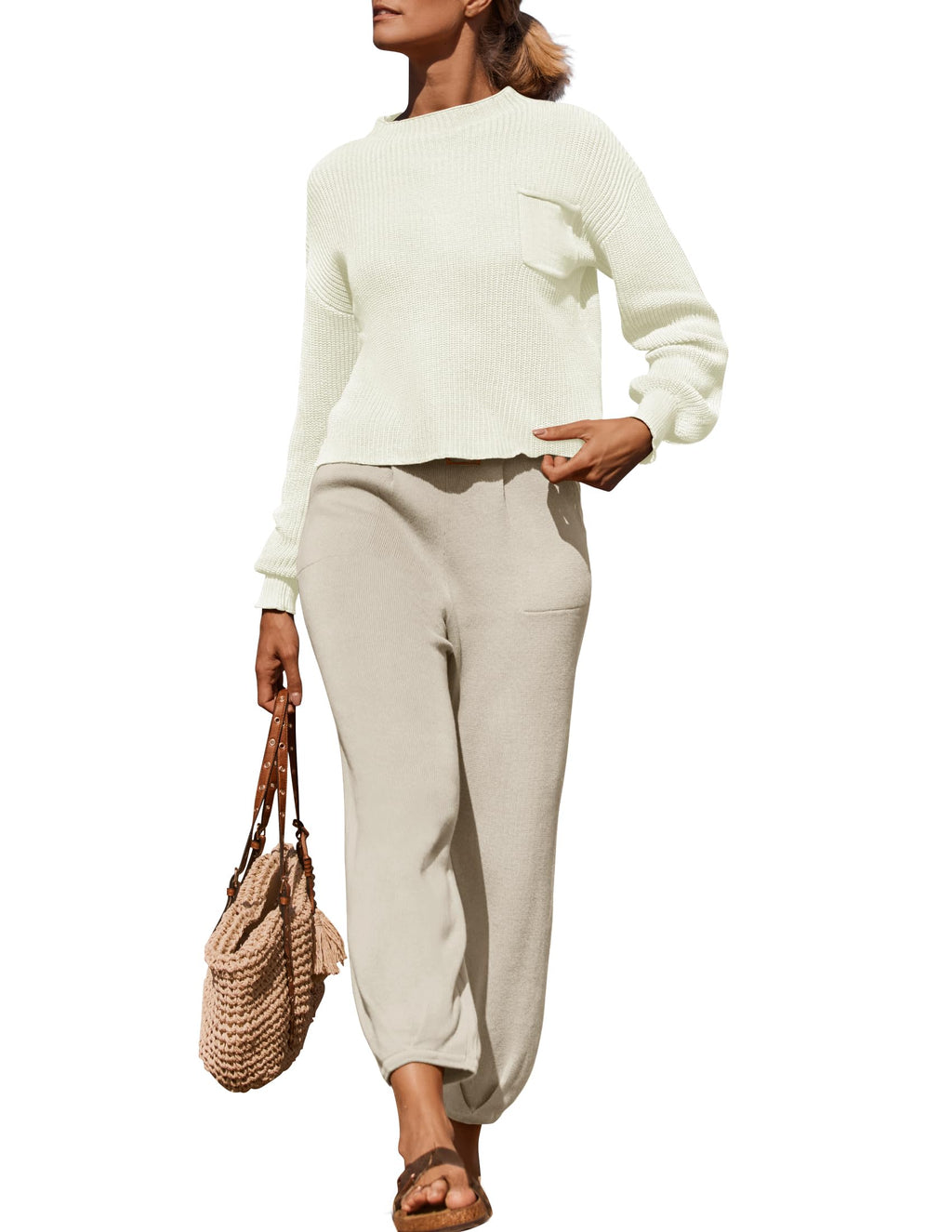 Luxuii Mock Neck Knit Pullover Top High Waist Pant Sweater Set