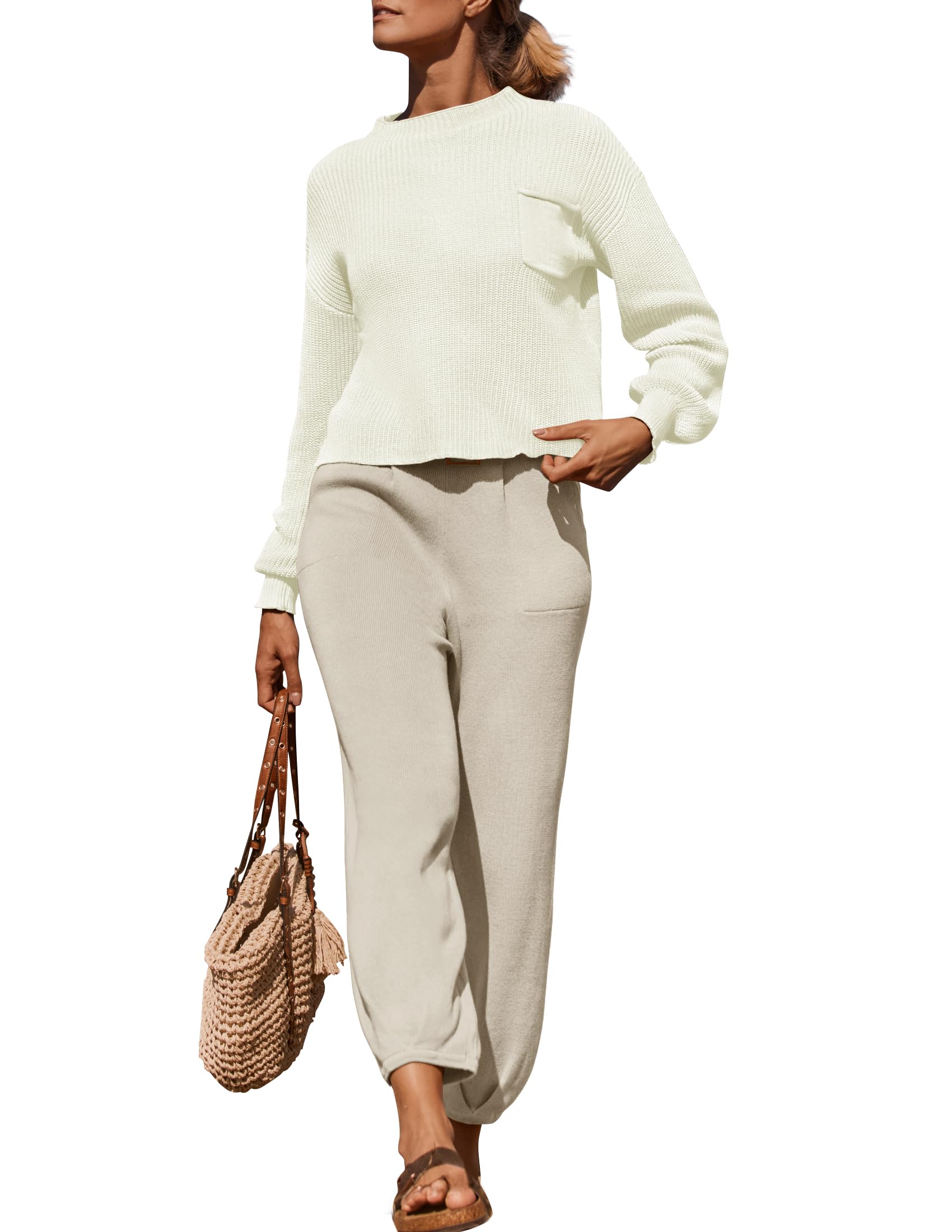 Luxuii Mock Neck Knit Pullover Top High Waist Pant Sweater Set