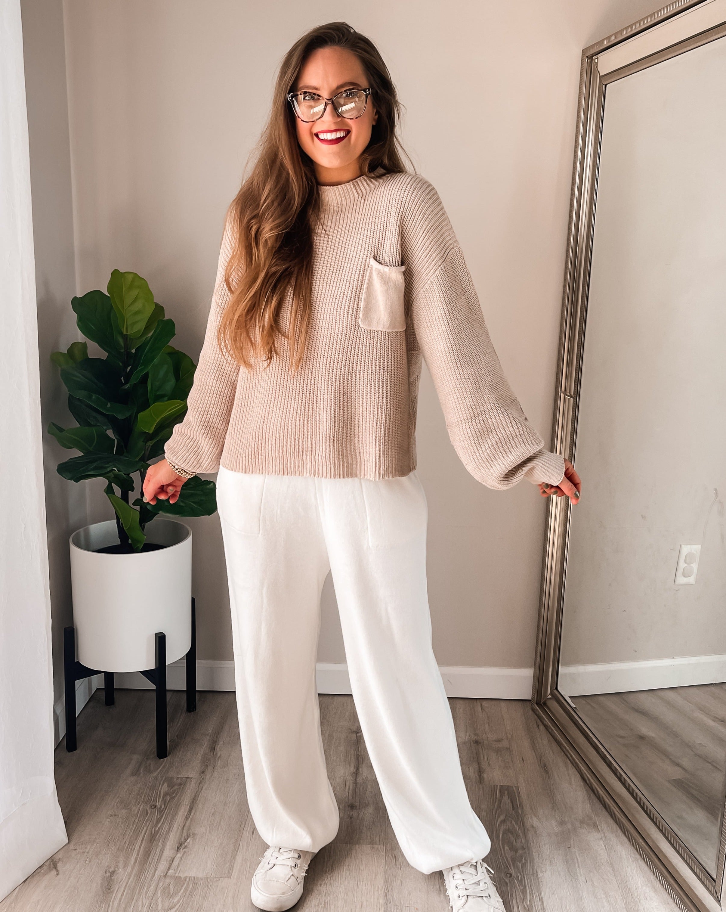 Luxuii Mock Neck Knit Pullover Top High Waist Pant Sweater Set
