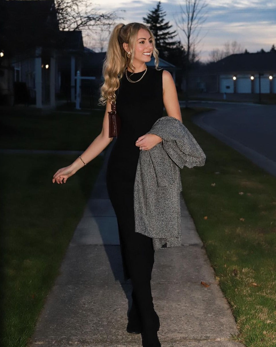Luxuii Mock Neck Ribbed Side Slit Bodycon Tank Midi Dress