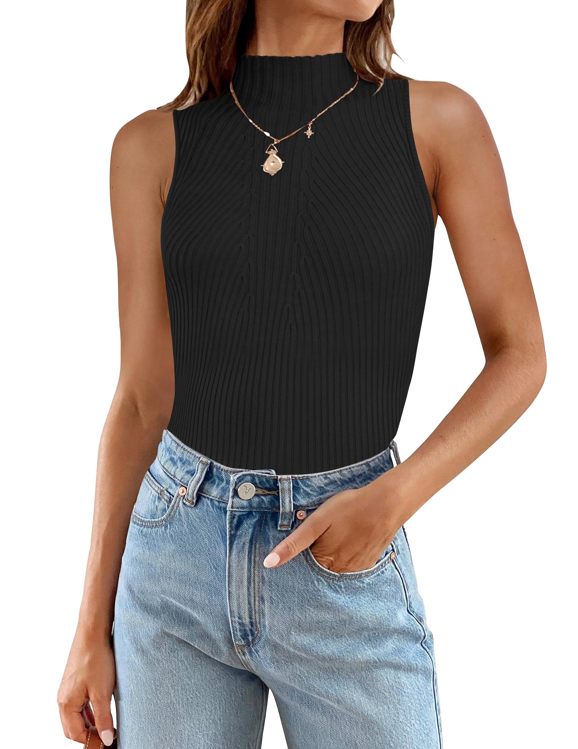Luxuii Mock Turtleneck Ribbed Knit Slim Fitted Tank Top