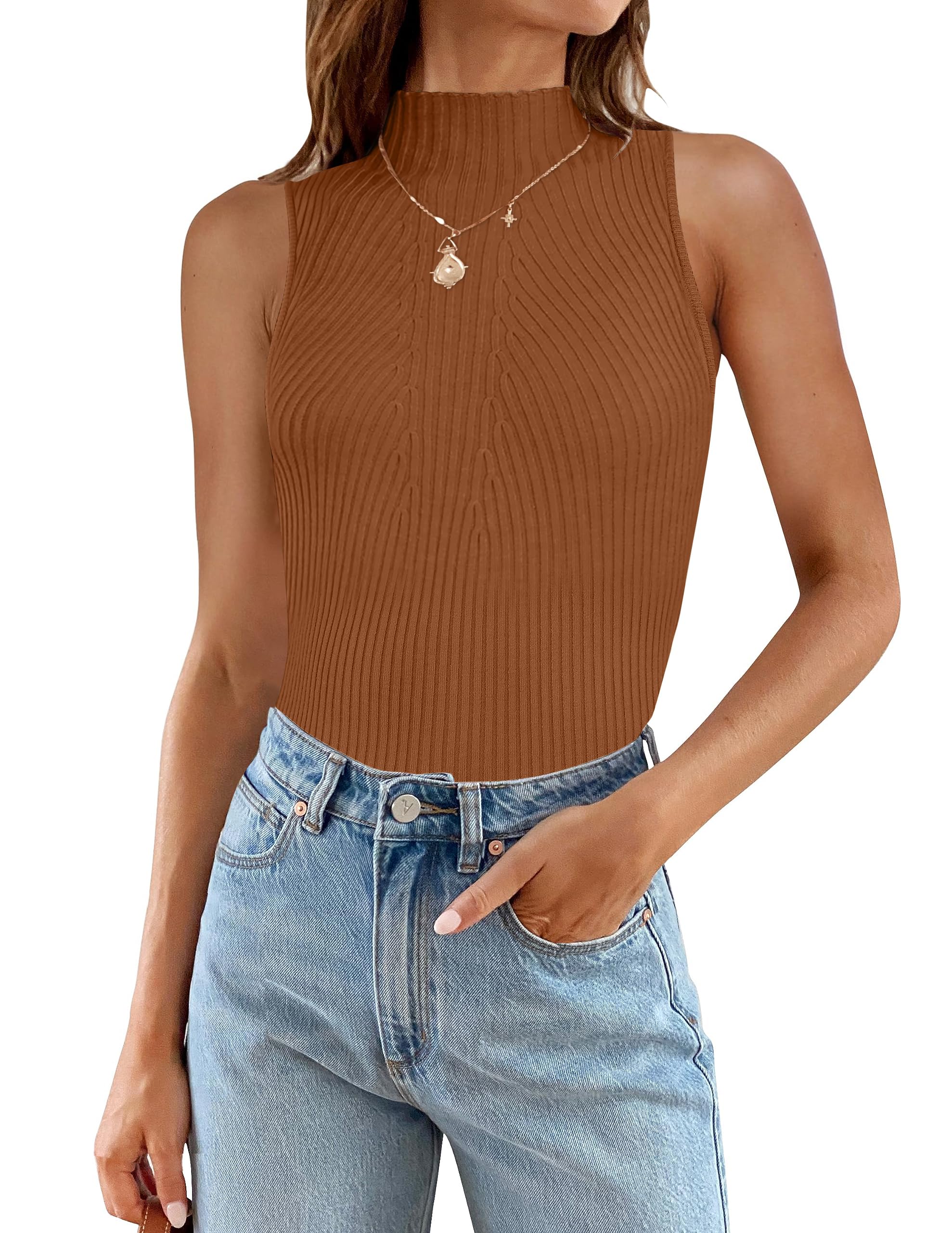 Luxuii Mock Turtleneck Ribbed Knit Slim Fitted Tank Top