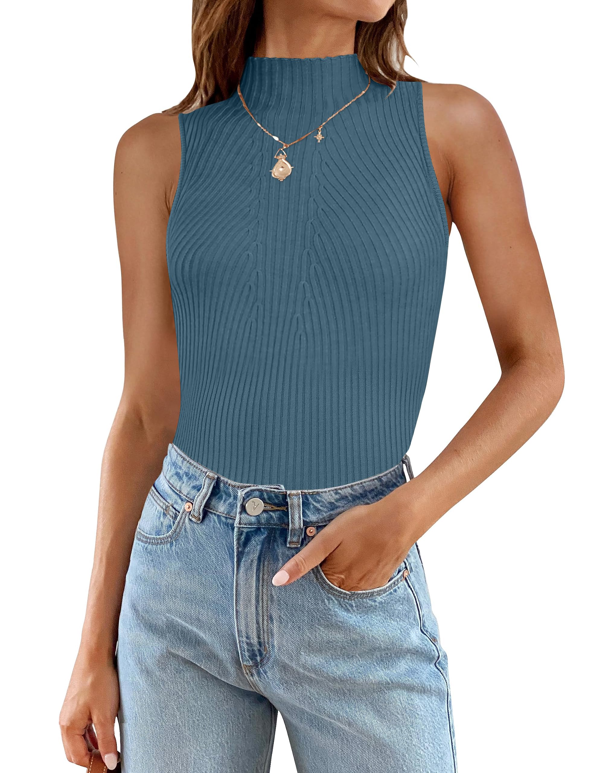 Luxuii Mock Turtleneck Ribbed Knit Slim Fitted Tank Top