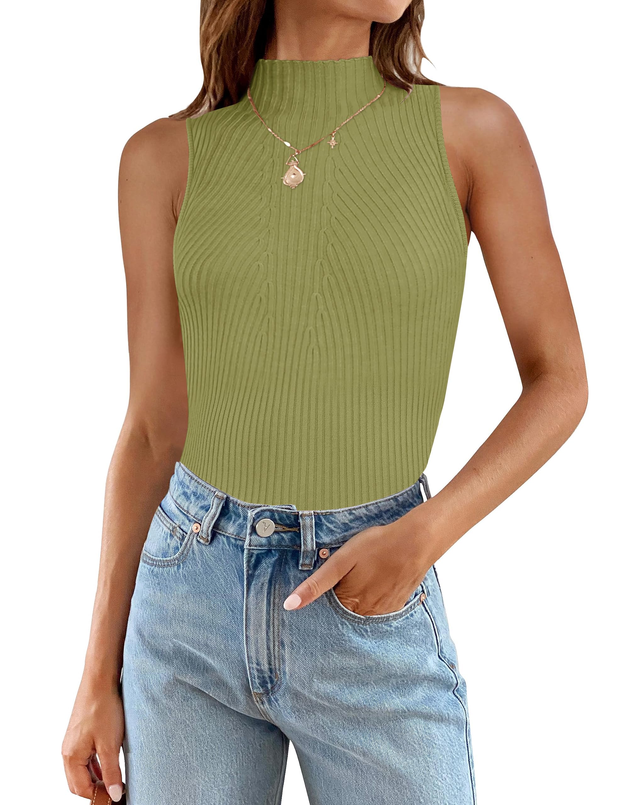Luxuii Mock Turtleneck Ribbed Knit Slim Fitted Tank Top