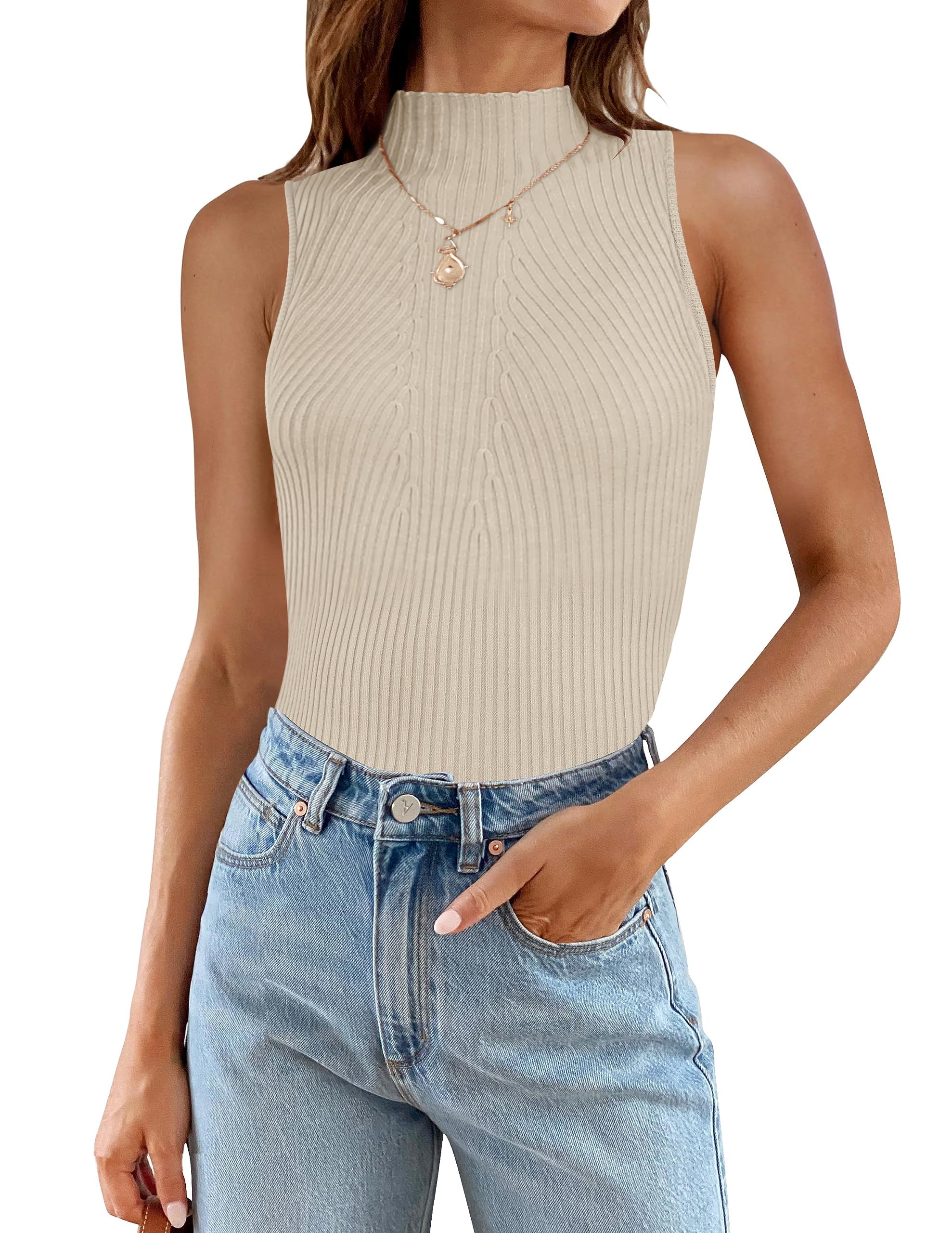 Luxuii Mock Turtleneck Ribbed Knit Slim Fitted Tank Top