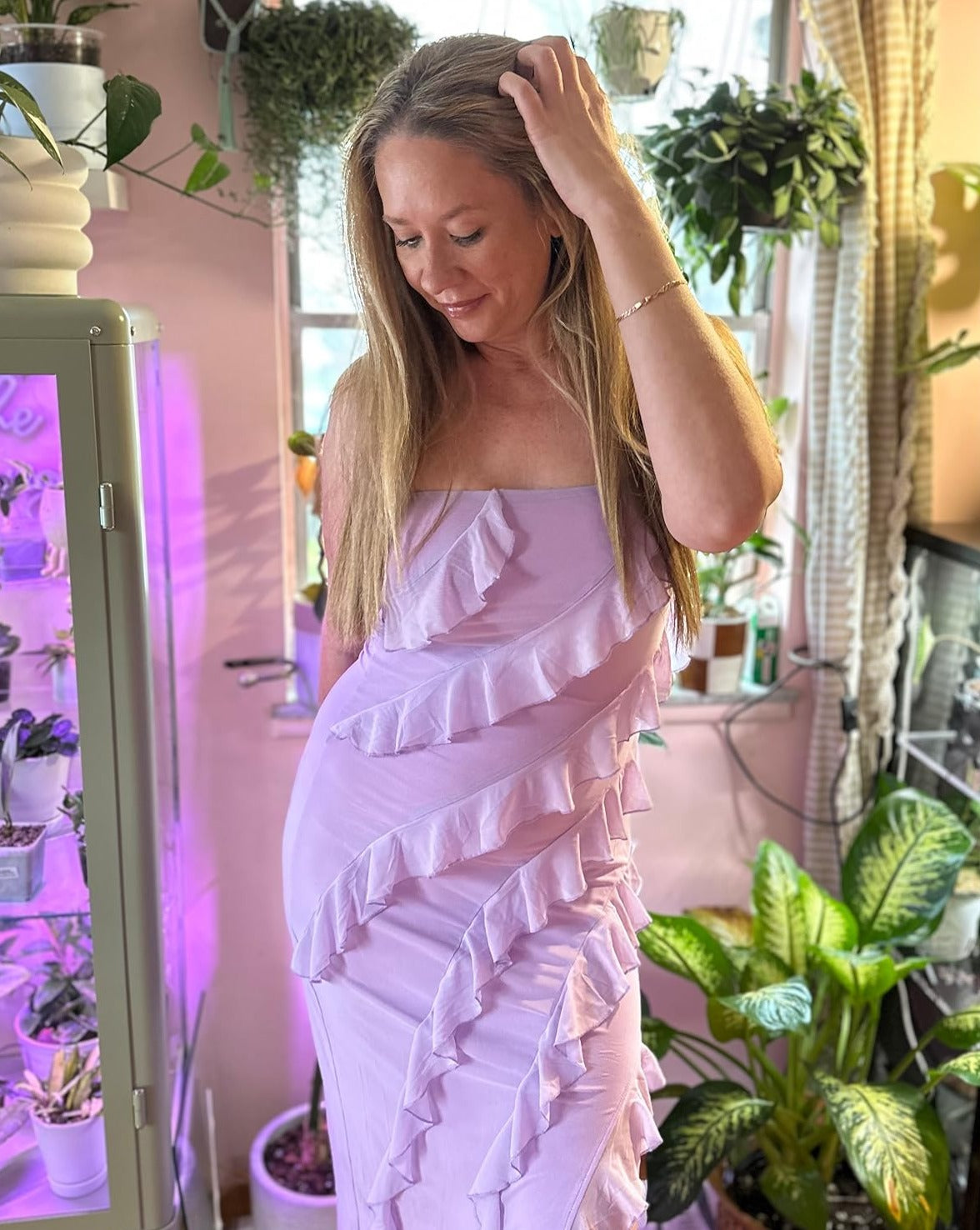Luxuii Off Shoulder Mesh Tassel Ruffle Side Split Tube Maxi Dress