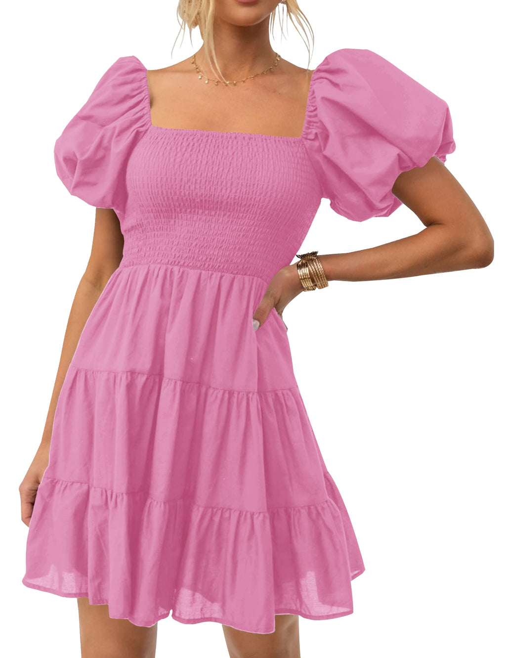 Luxuii Off Shoulder Square Neck Puff Sleeve Smocked ini Dress