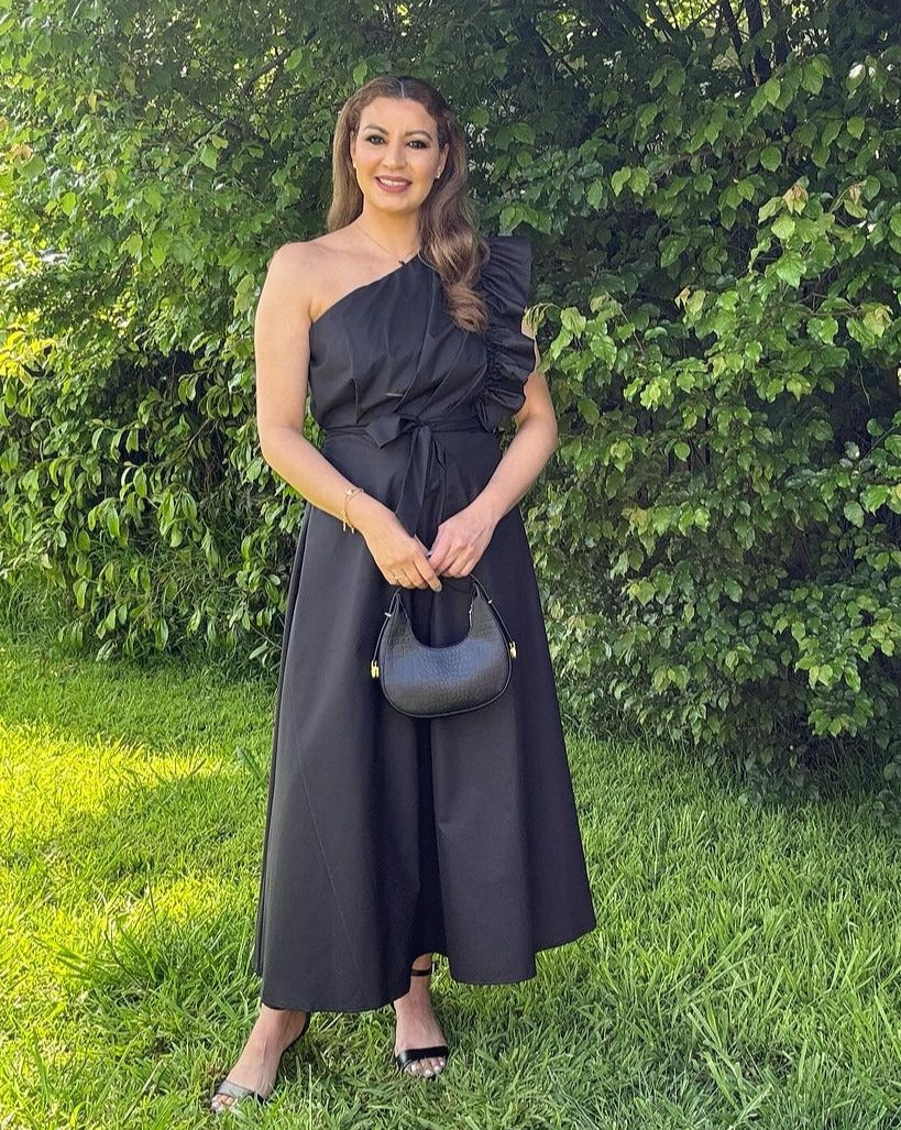 Luxuii One Shoulder Empire Waist Ruffle Maxi Dress