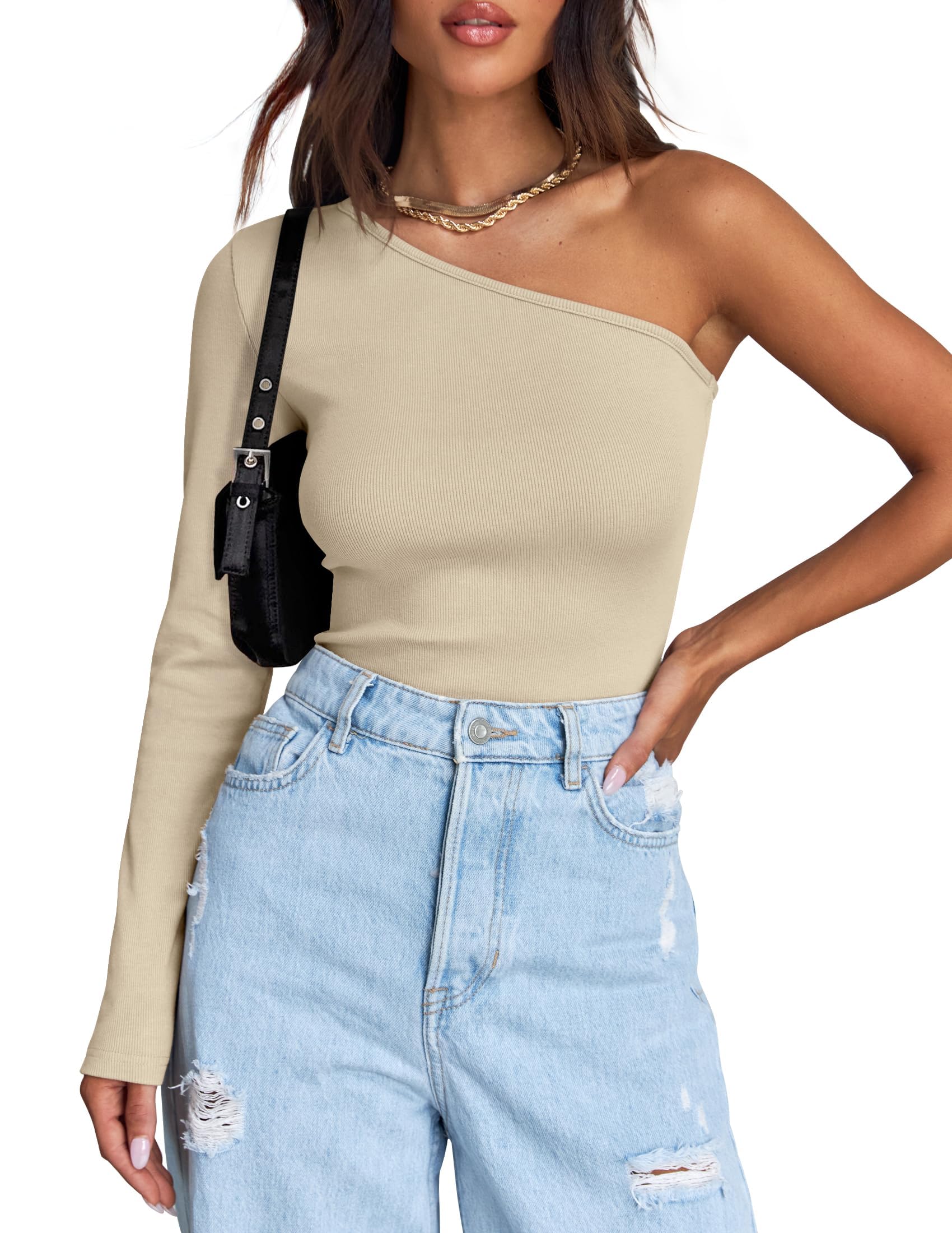 Luxuii One Shoulder Long Sleeve Ribbed Knit Top