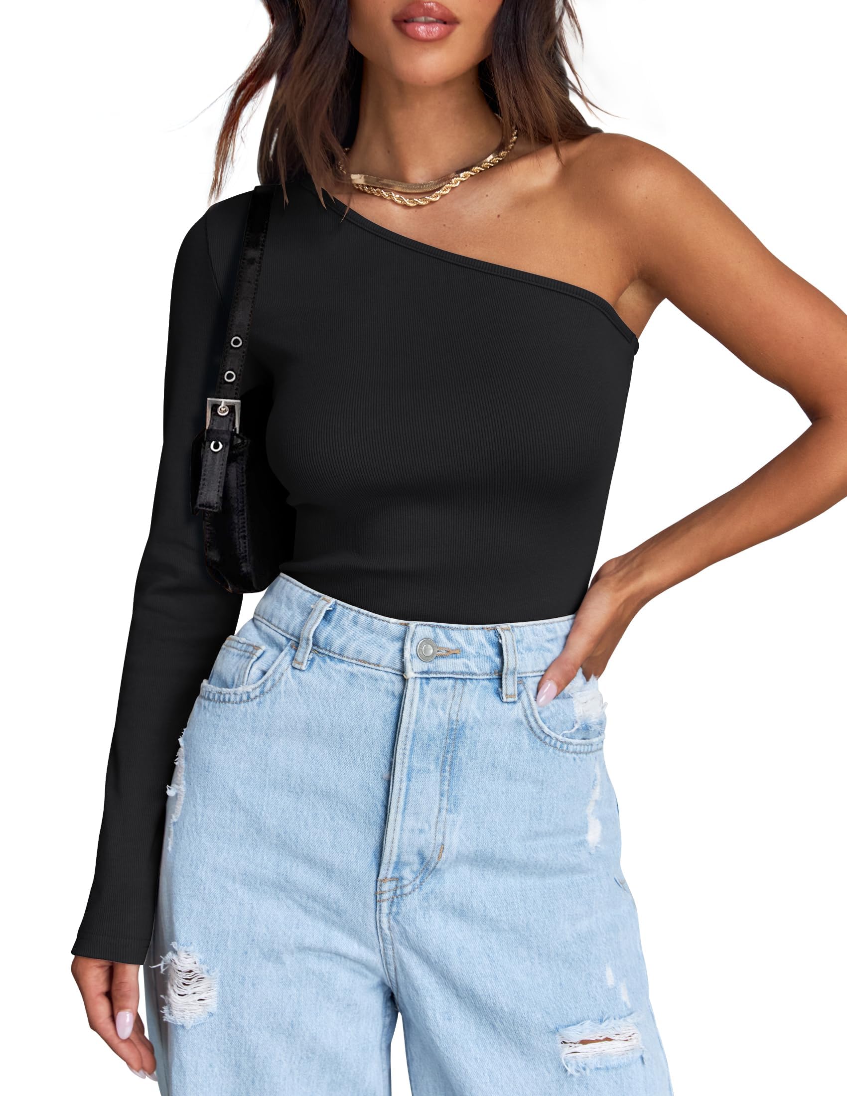 Luxuii One Shoulder Long Sleeve Ribbed Knit Top