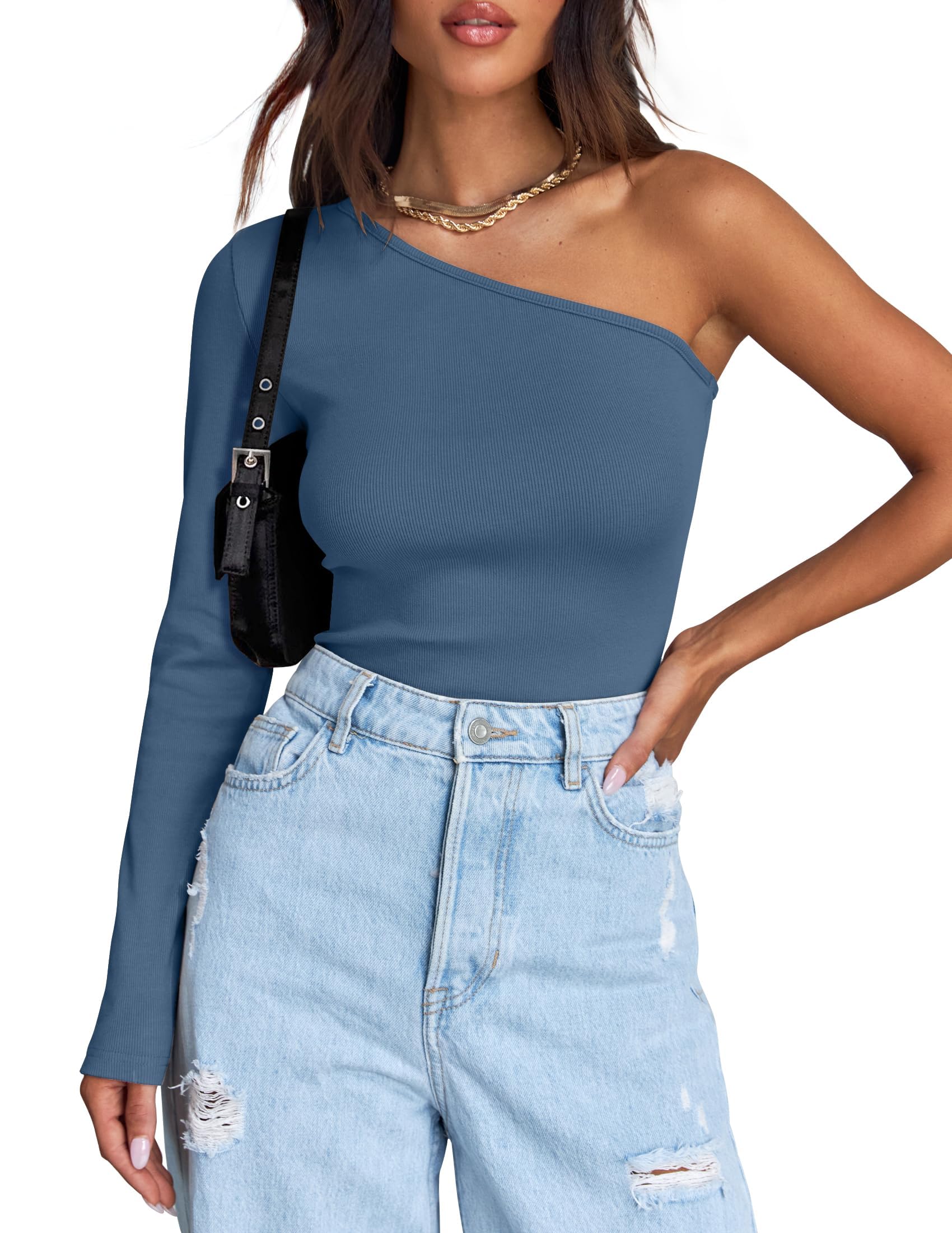 Luxuii One Shoulder Long Sleeve Ribbed Knit Top