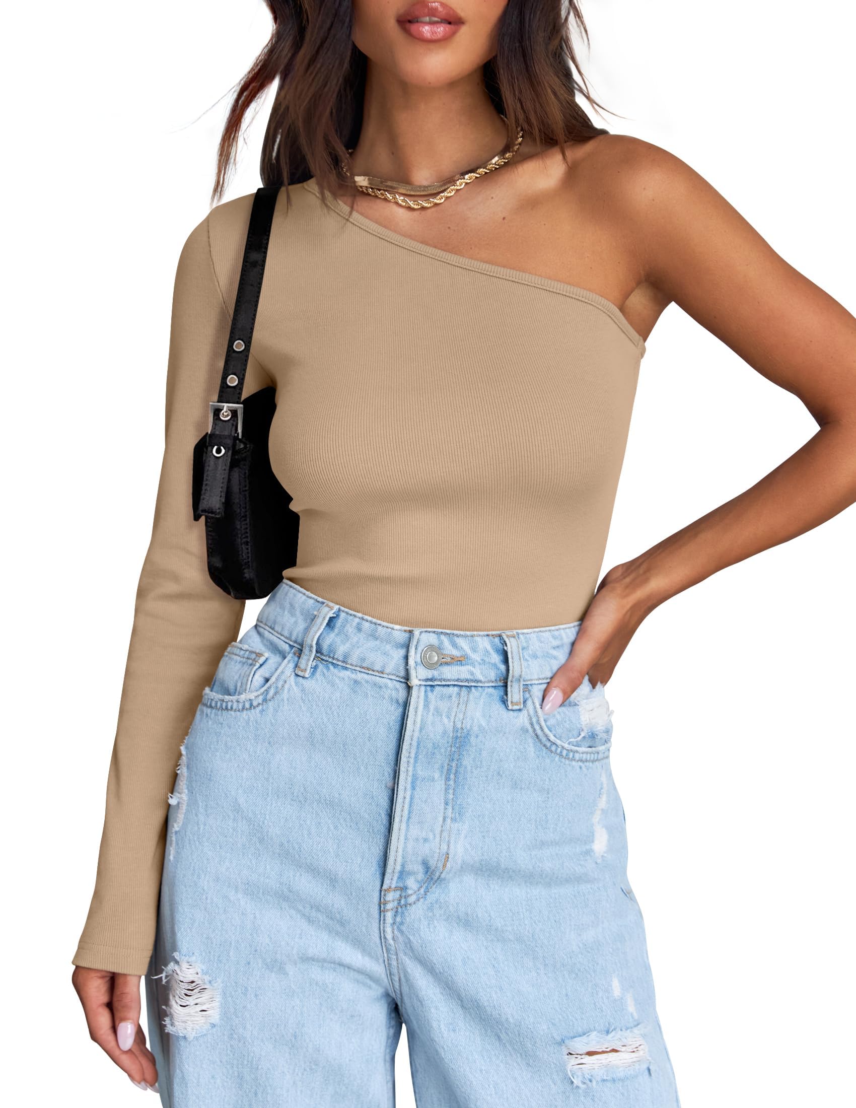 Luxuii One Shoulder Long Sleeve Ribbed Knit Top