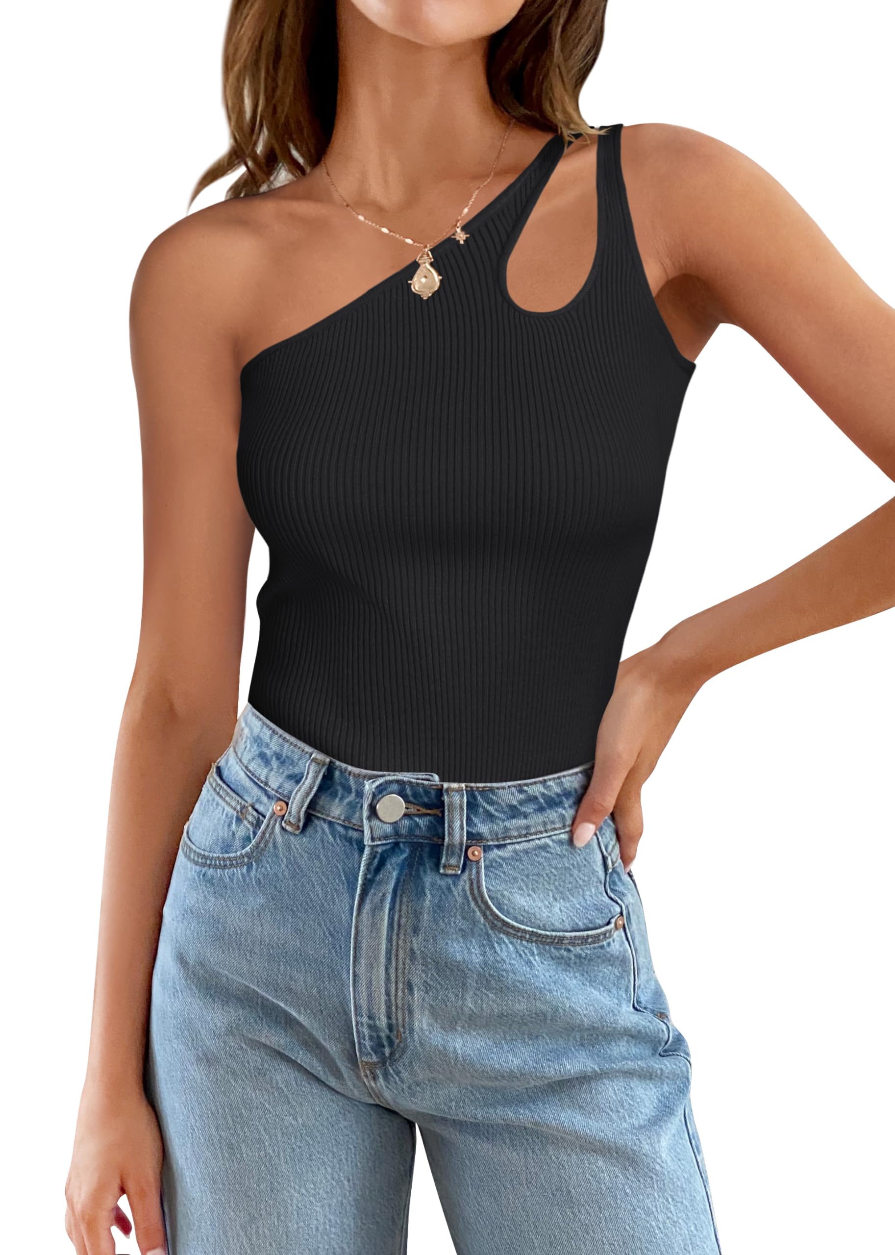 Luxuii One Shoulder Sleeveless Cut Out Ribbed Knit Tank Top