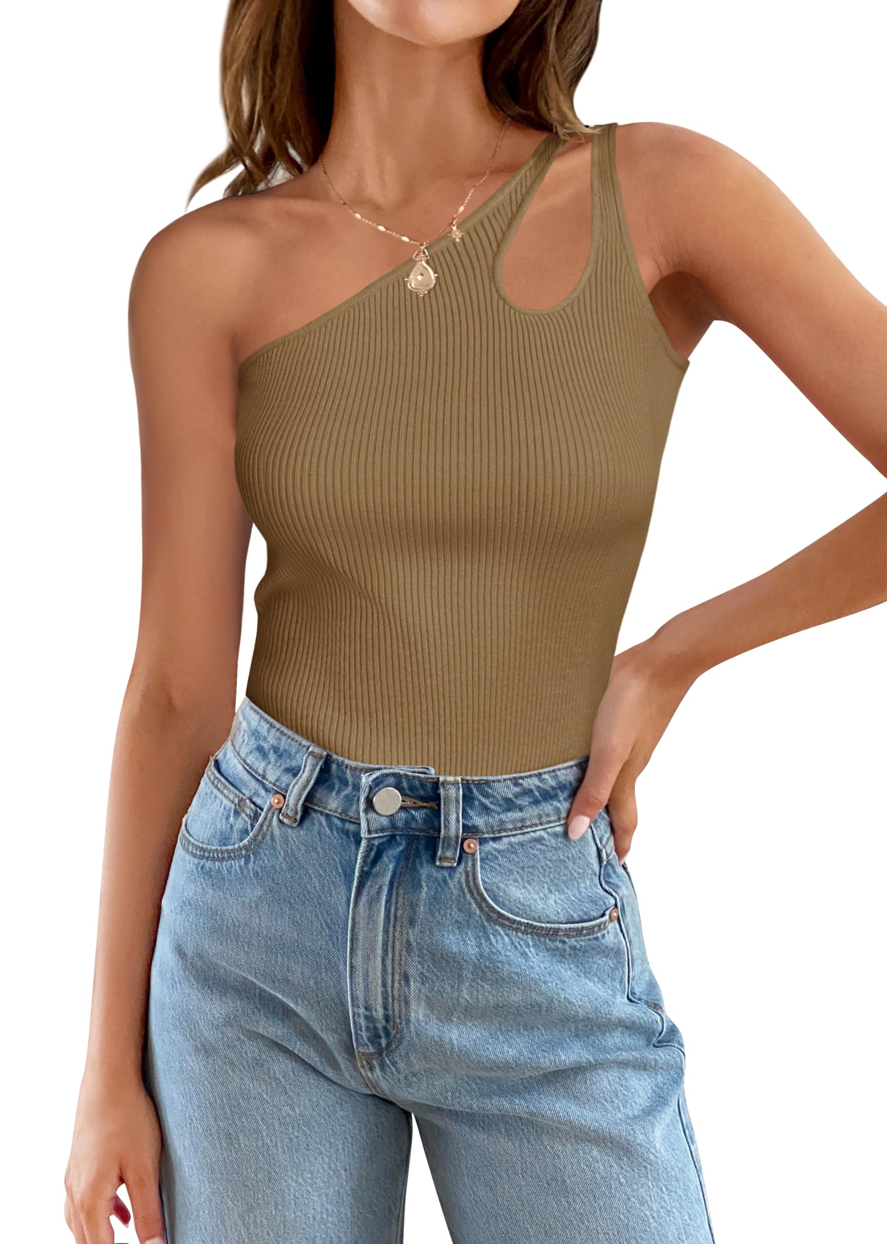 Luxuii One Shoulder Sleeveless Cut Out Ribbed Knit Tank Top