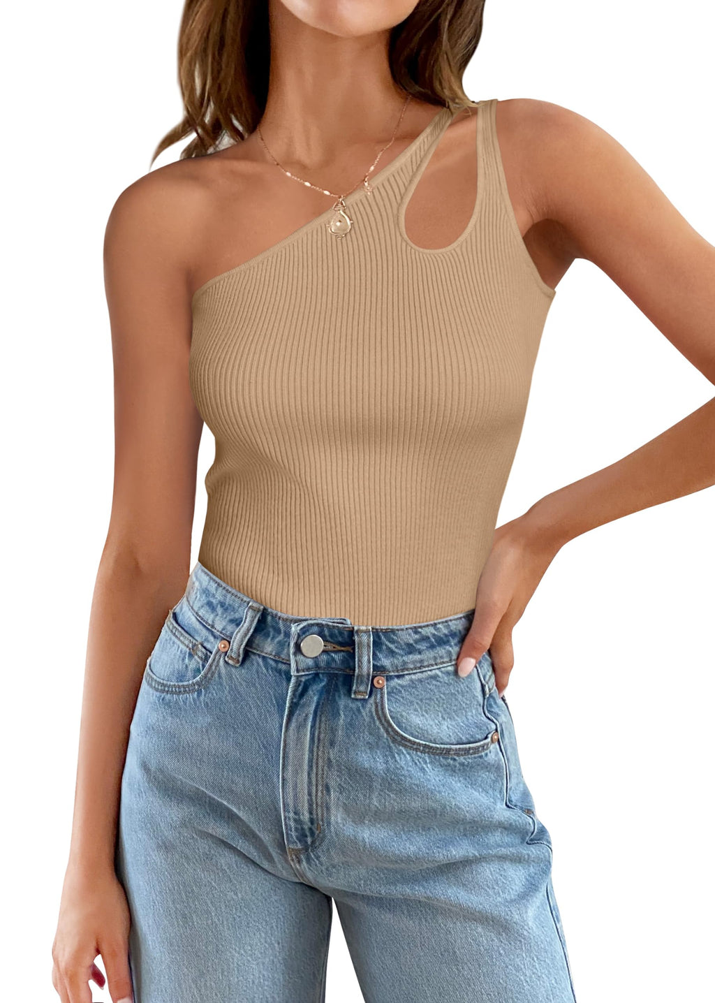 Luxuii One Shoulder Sleeveless Cut Out Ribbed Knit Tank Top