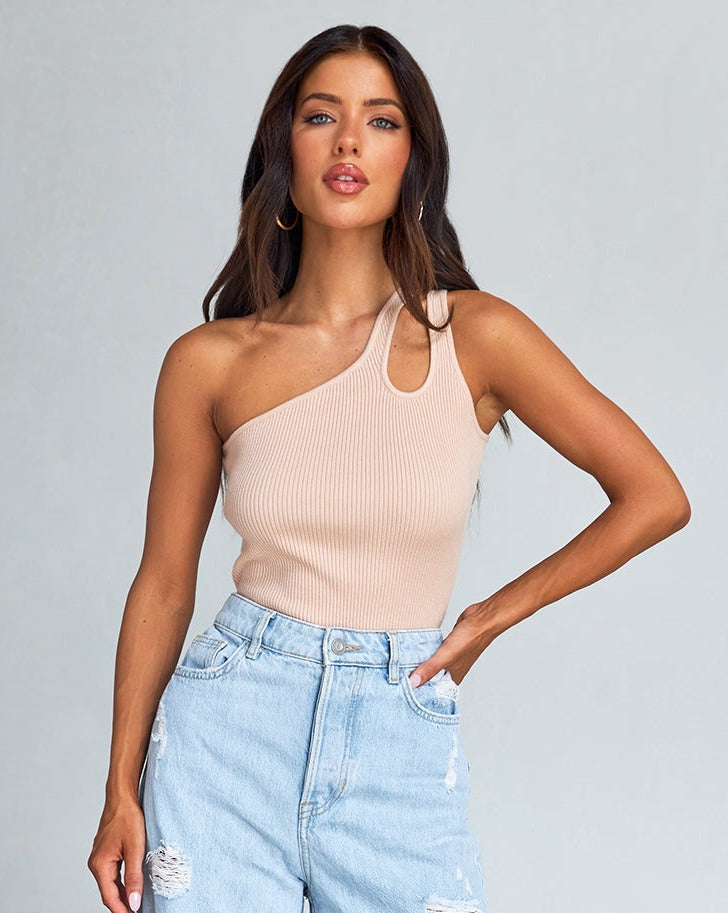 Luxuii One Shoulder Sleeveless Cut Out Ribbed Knit Tank Top