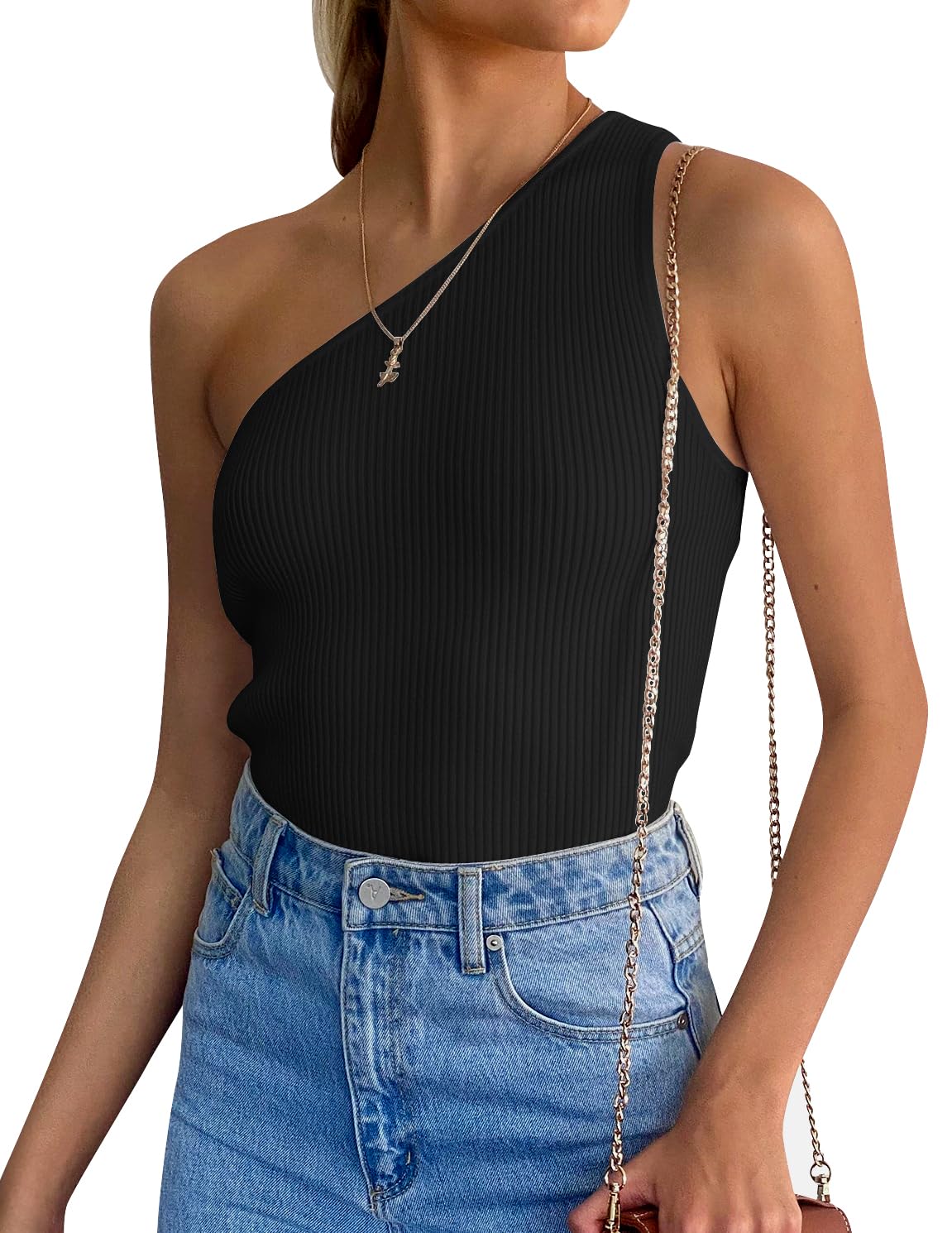 Luxuii One Shoulder Sleeveless Ribbed Knit Top