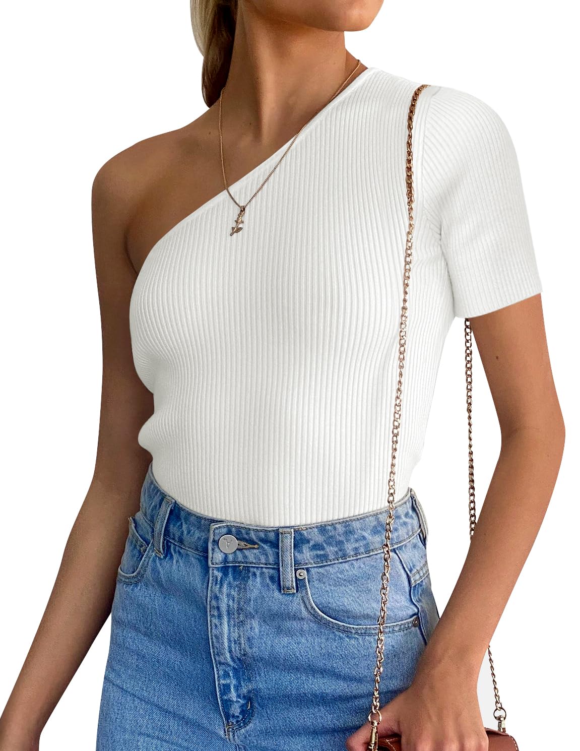 Luxuii One Shoulder Sleeveless Ribbed Knit Top