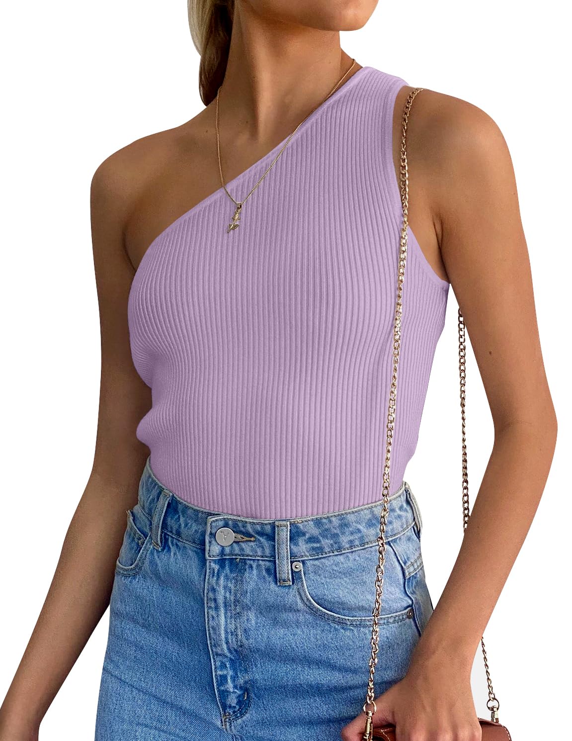 Luxuii One Shoulder Sleeveless Ribbed Knit Top