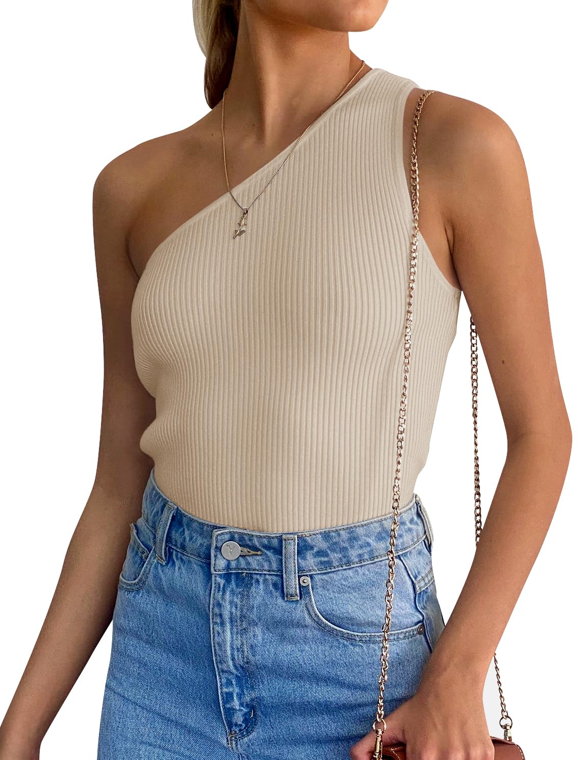 Luxuii One Shoulder Sleeveless Ribbed Knit Top