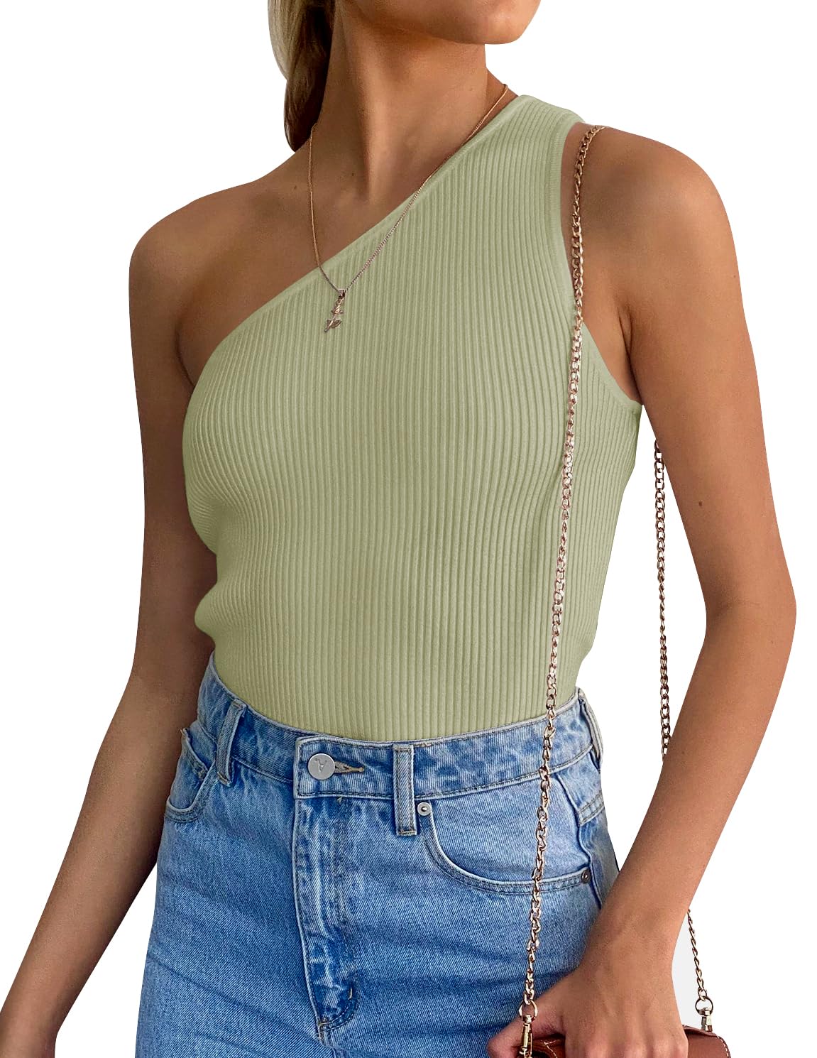 Luxuii One Shoulder Sleeveless Ribbed Knit Top
