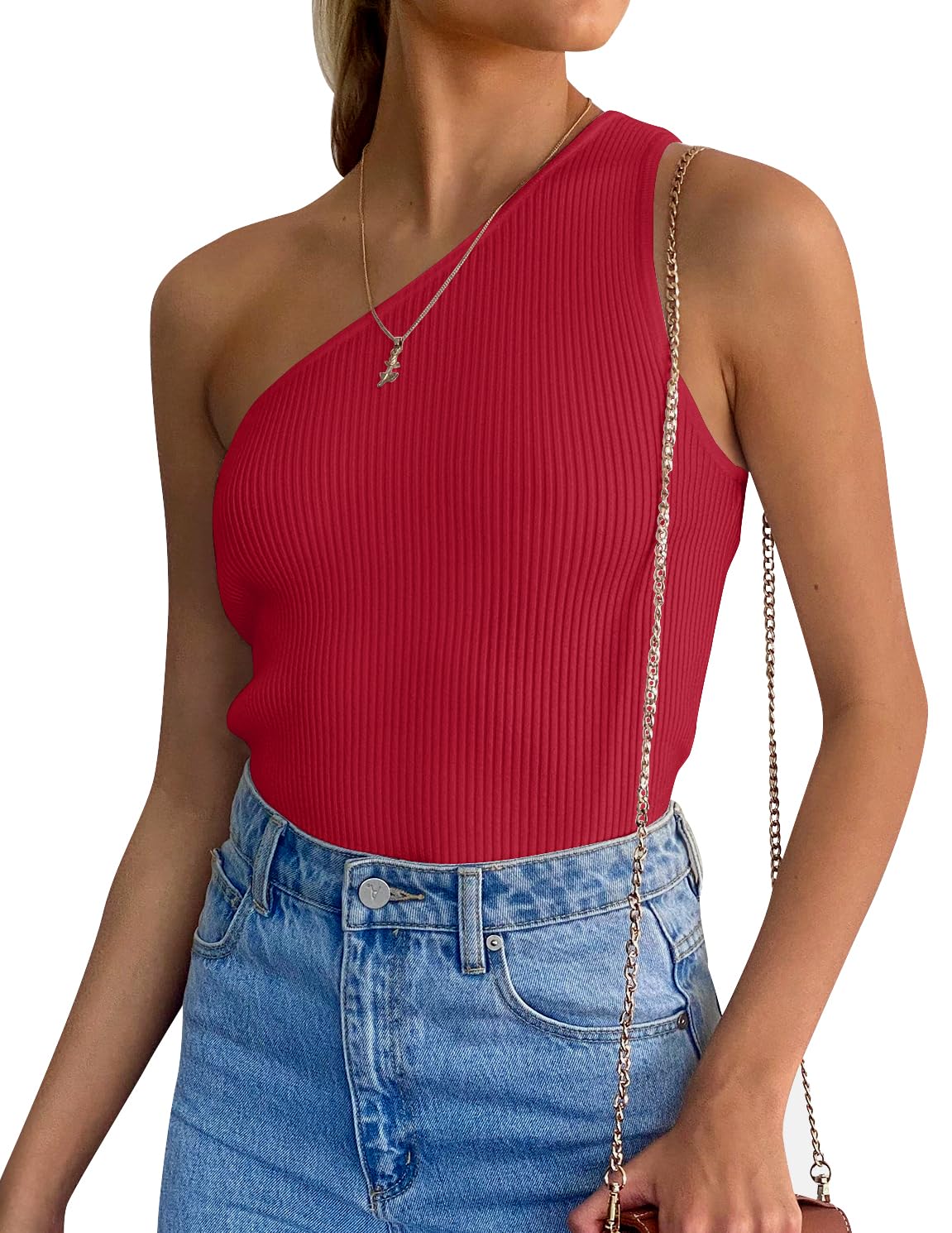 Luxuii One Shoulder Sleeveless Ribbed Knit Top