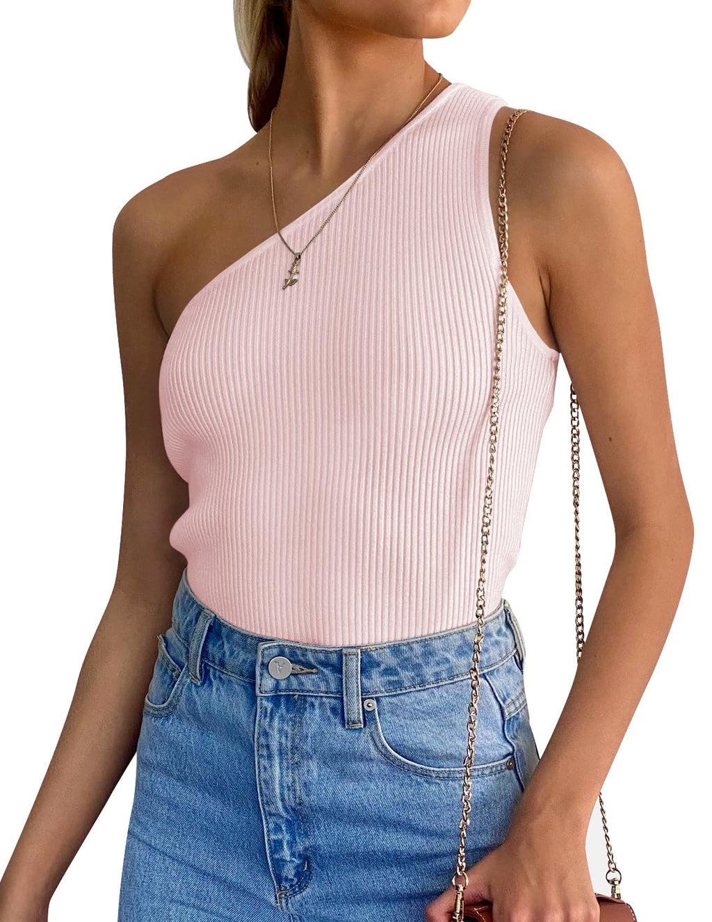 Luxuii One Shoulder Sleeveless Ribbed Knit Top