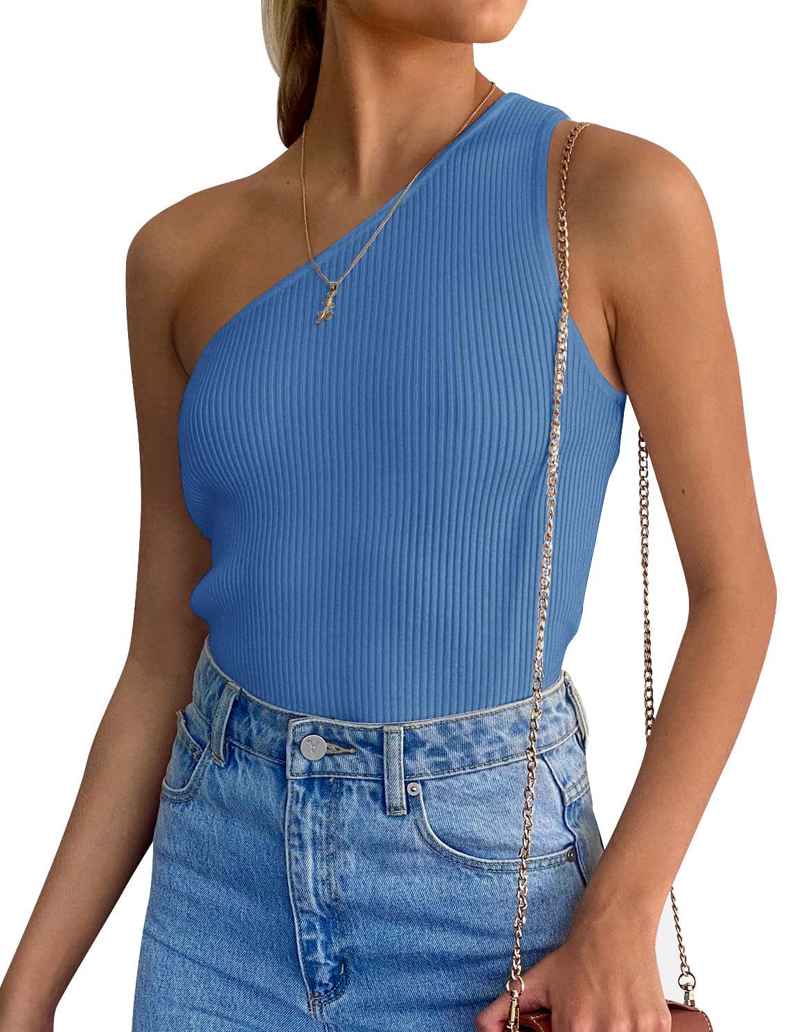 Luxuii One Shoulder Sleeveless Ribbed Knit Top