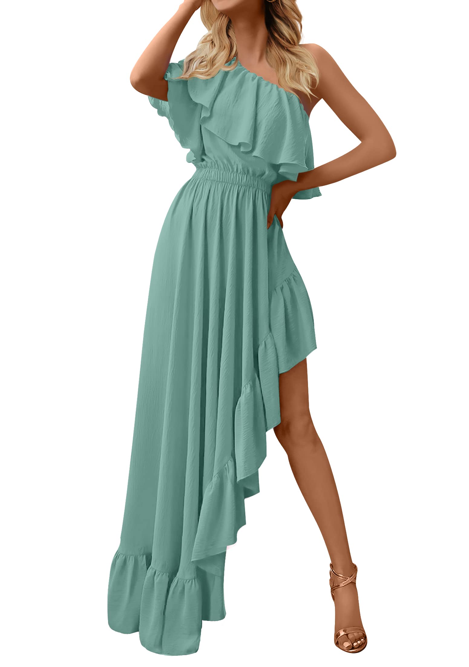 Luxuii One Shoulder Sleeveless Ruffle Asymmetrical High Low Dress