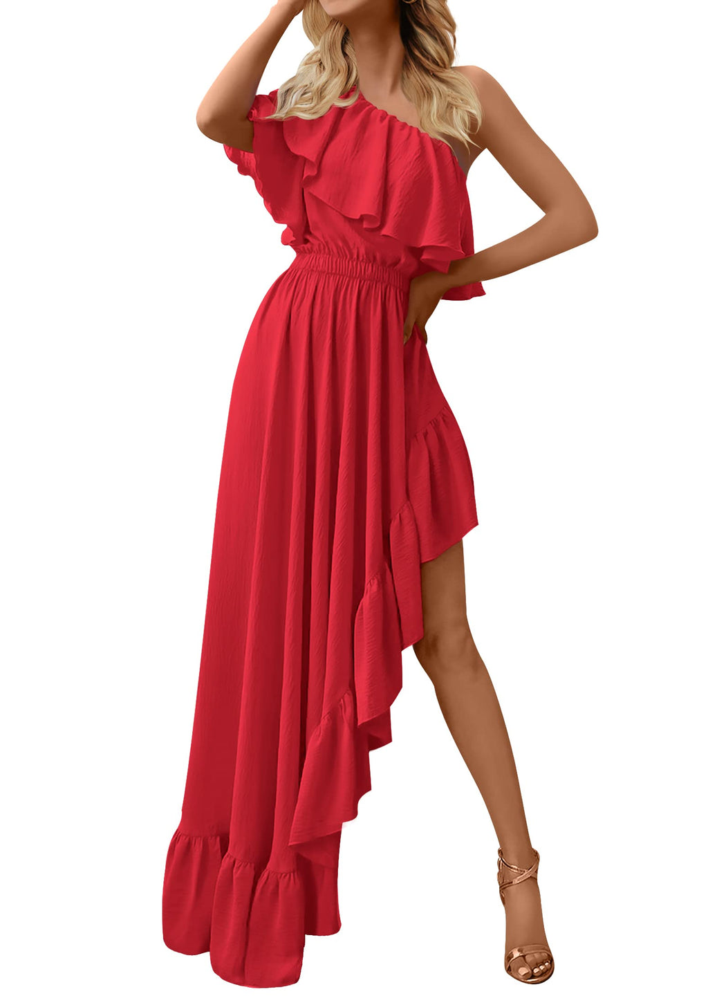 Luxuii One Shoulder Sleeveless Ruffle Asymmetrical High Low Dress