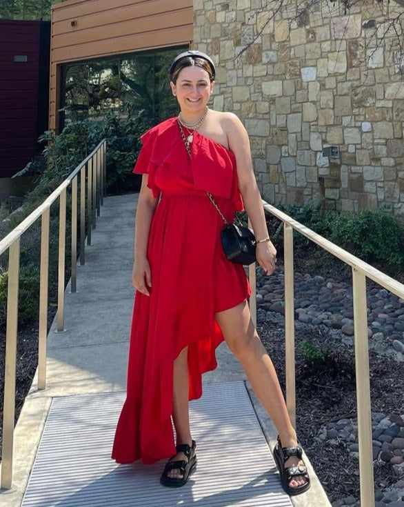 Luxuii One Shoulder Sleeveless Ruffle Asymmetrical High Low Dress