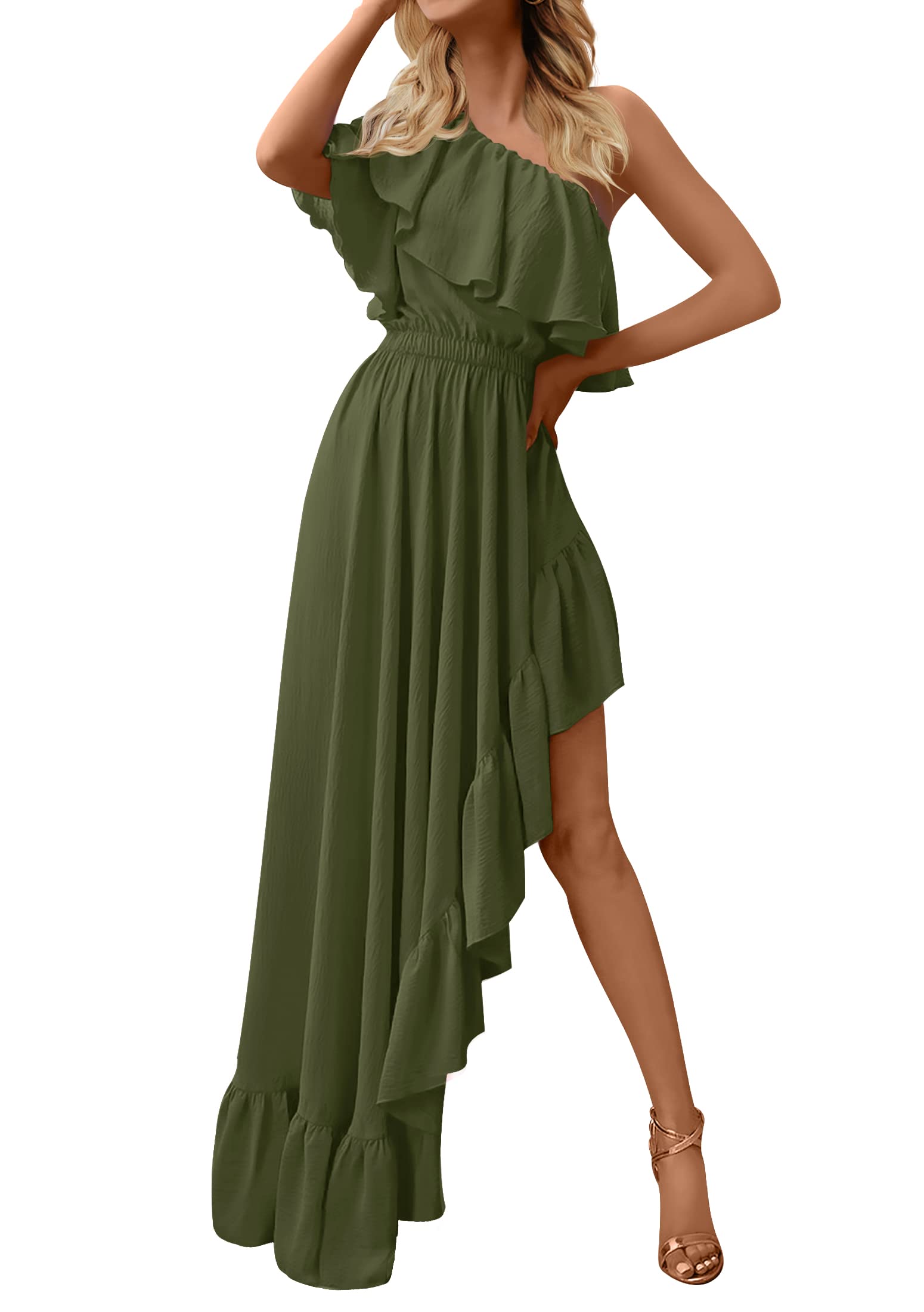 Luxuii One Shoulder Sleeveless Ruffle Asymmetrical High Low Dress