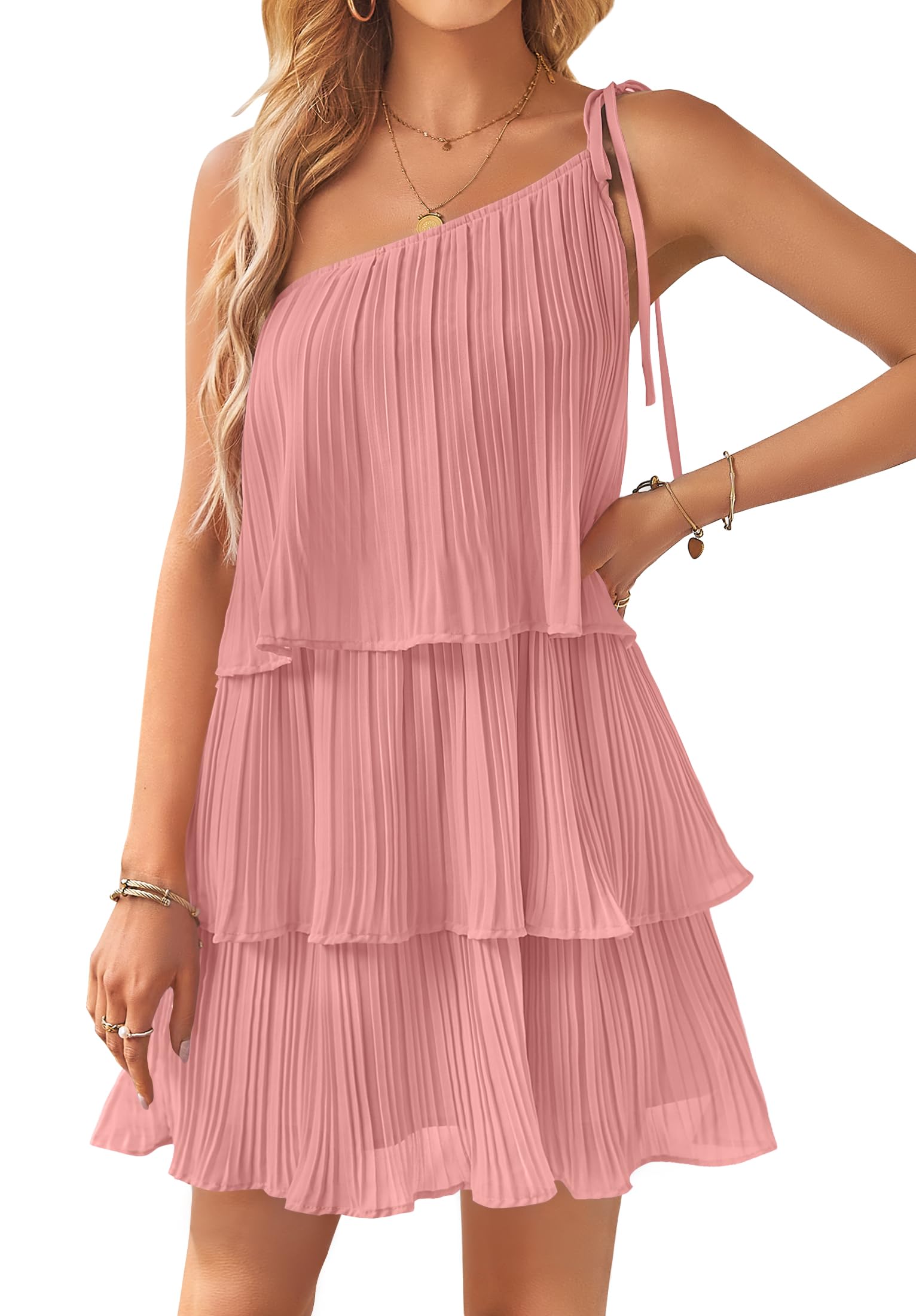 Luxuii One Shoulder Sleeveless Ruffle Pleated Chiffon Mini Dress
