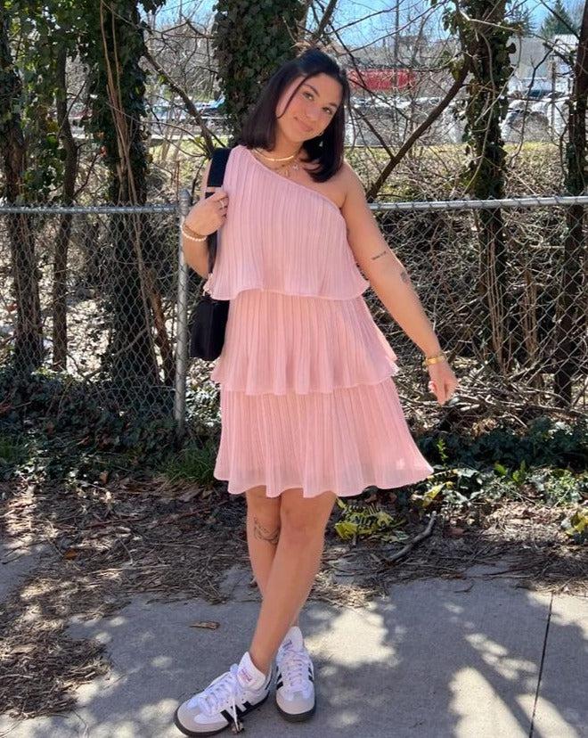 Luxuii One Shoulder Sleeveless Ruffle Tiered Chiffon Mini Dress
