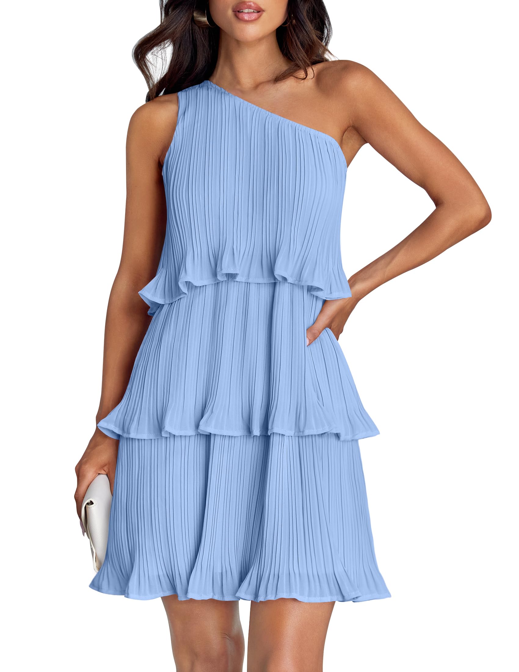 Luxuii One Shoulder Sleeveless Ruffle Tiered Chiffon Mini Dress