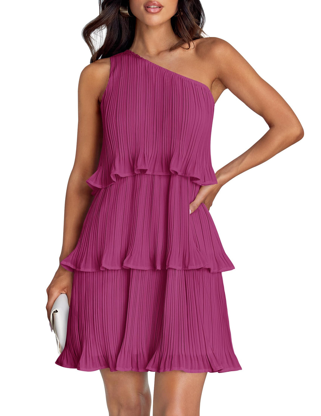 Luxuii One Shoulder Sleeveless Ruffle Tiered Chiffon Mini Dress