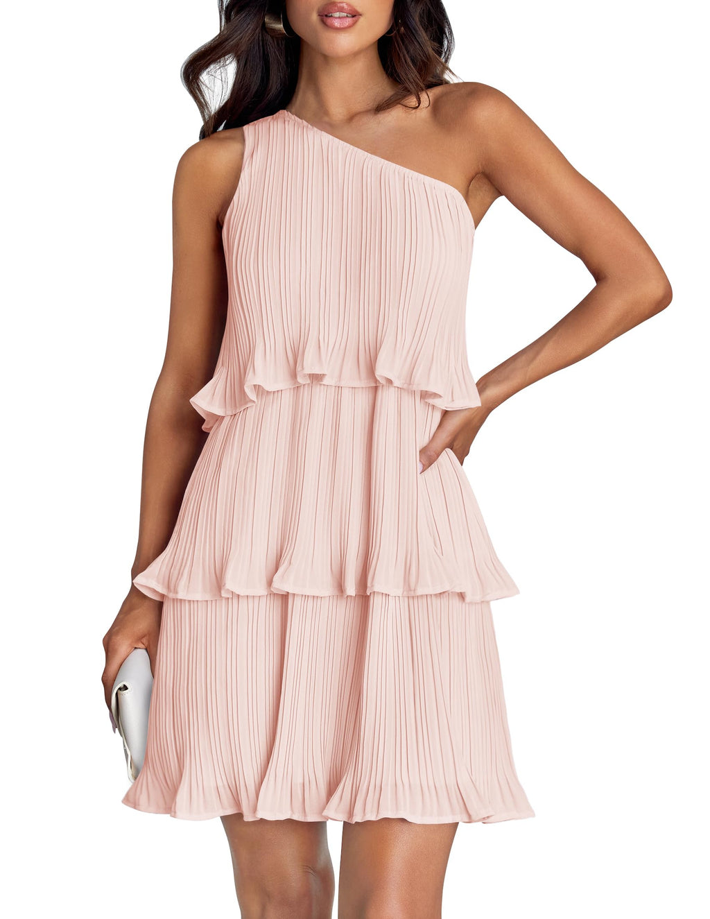 Luxuii One Shoulder Sleeveless Ruffle Tiered Chiffon Mini Dress