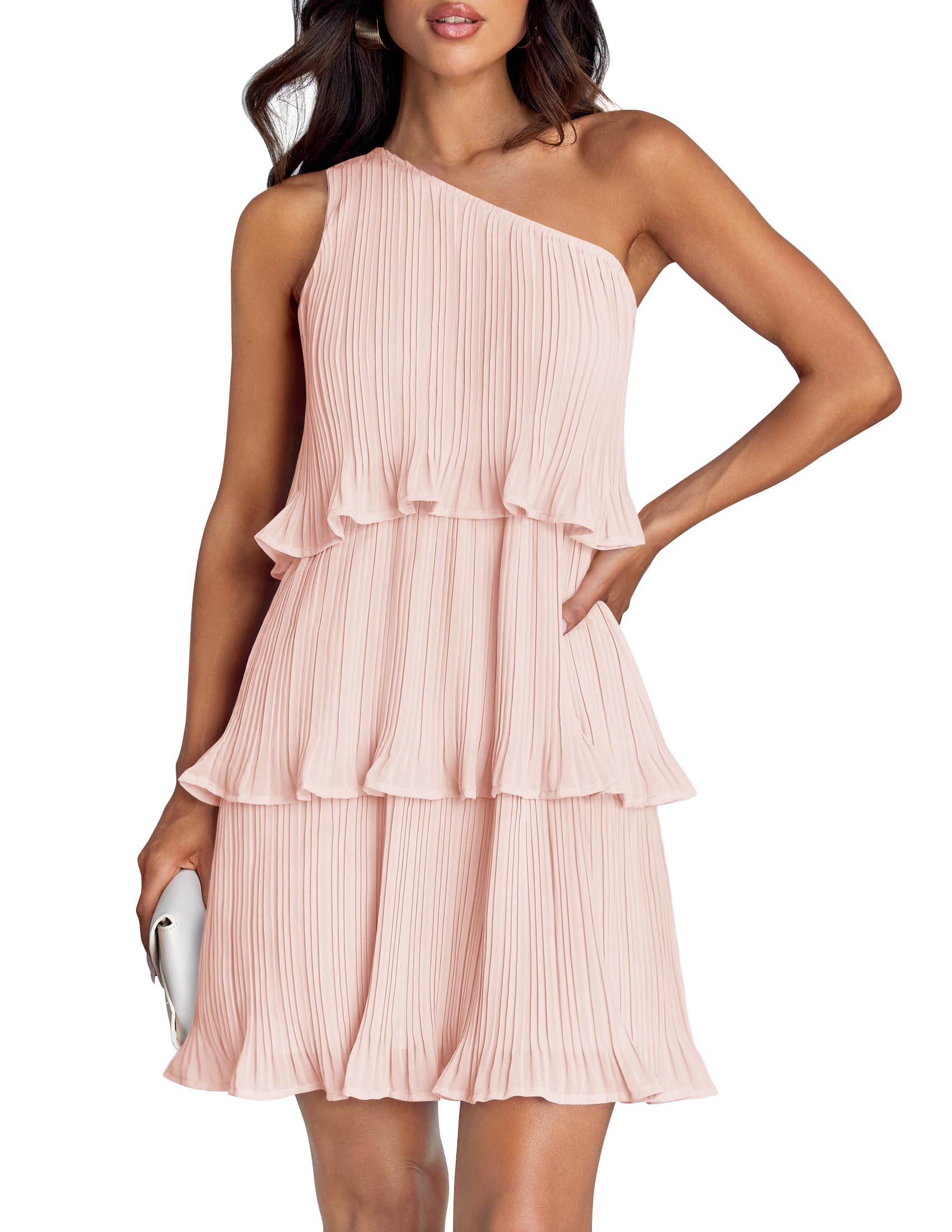 Luxuii One Shoulder Sleeveless Ruffle Tiered Chiffon Mini Dress