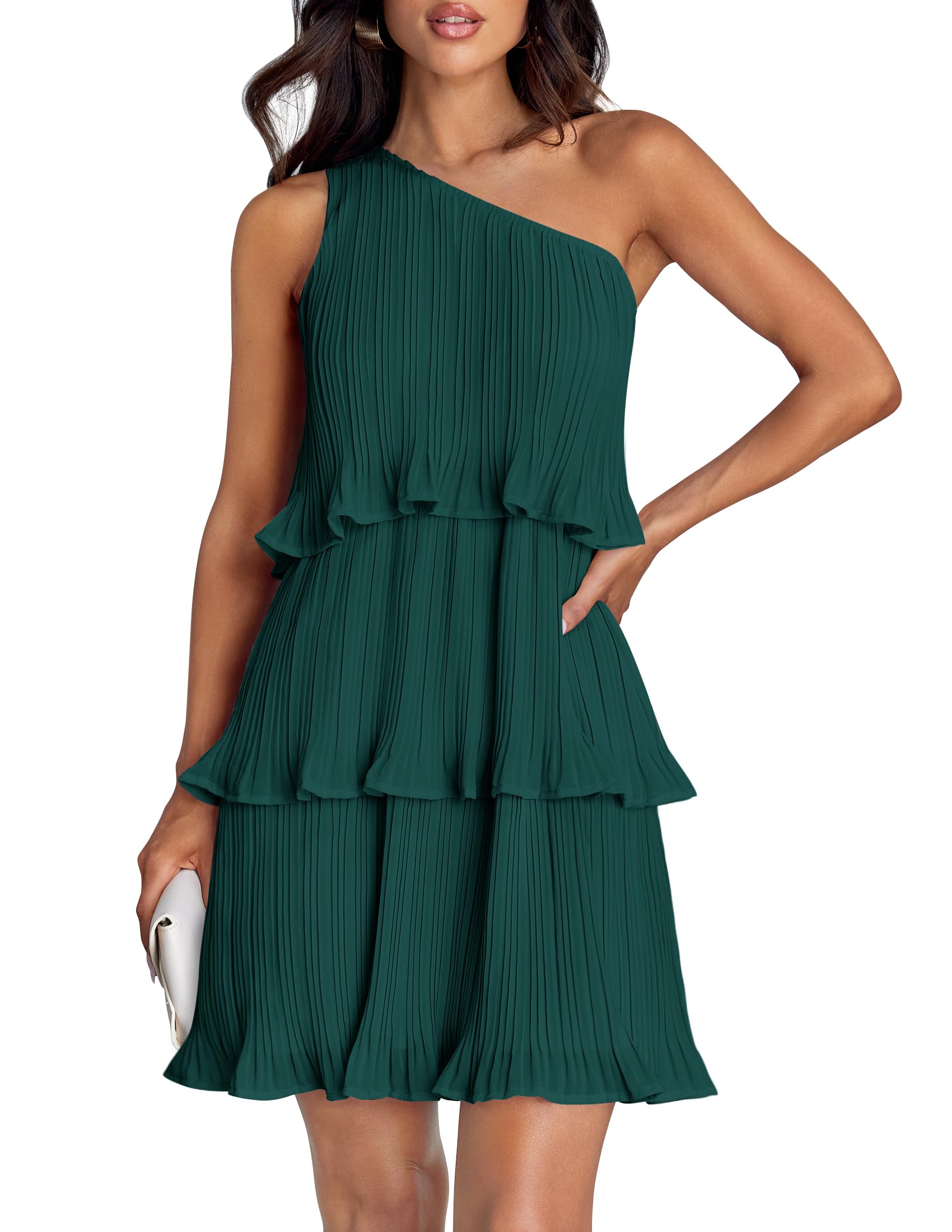 Luxuii One Shoulder Sleeveless Ruffle Tiered Chiffon Mini Dress