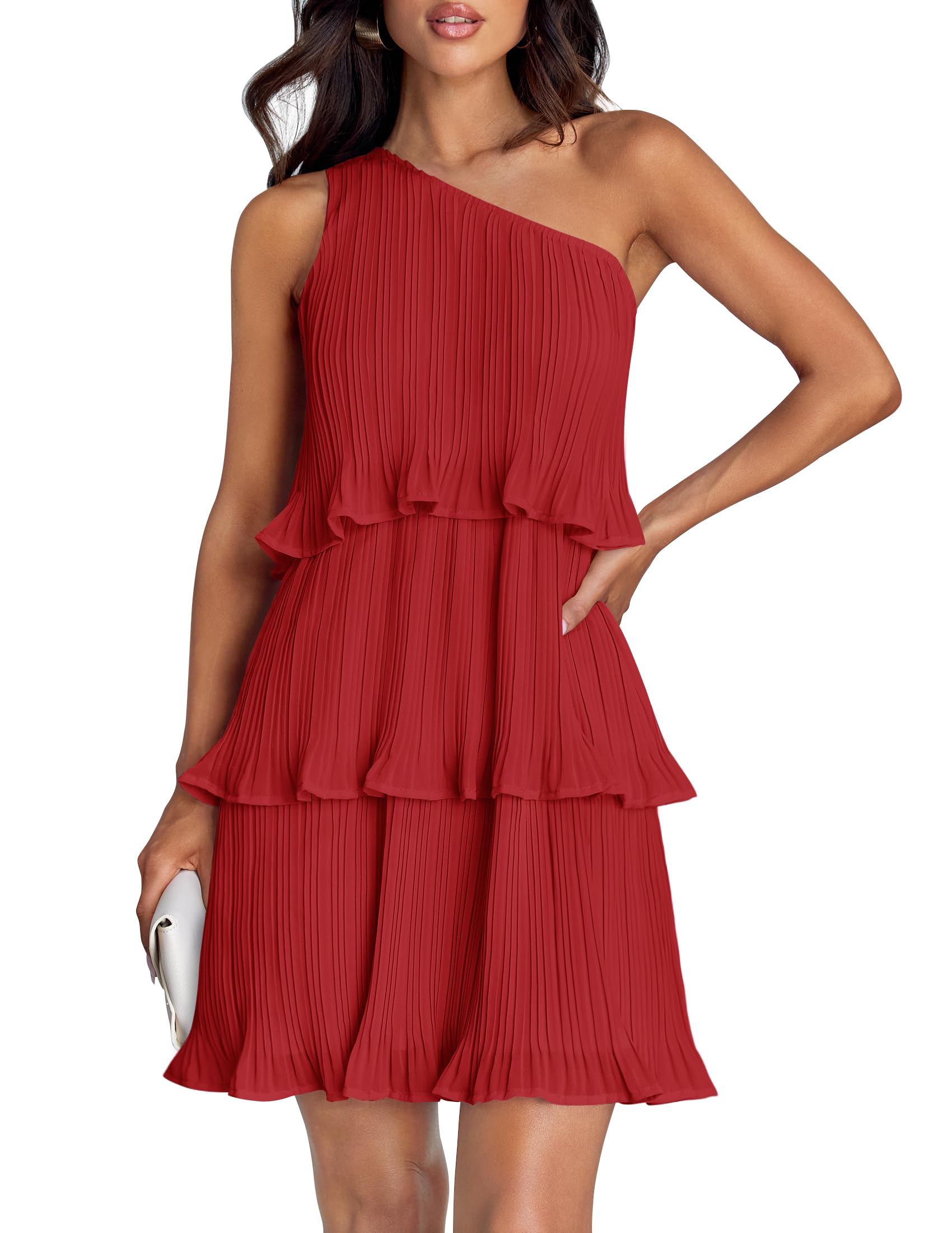 Luxuii One Shoulder Sleeveless Ruffle Tiered Chiffon Mini Dress