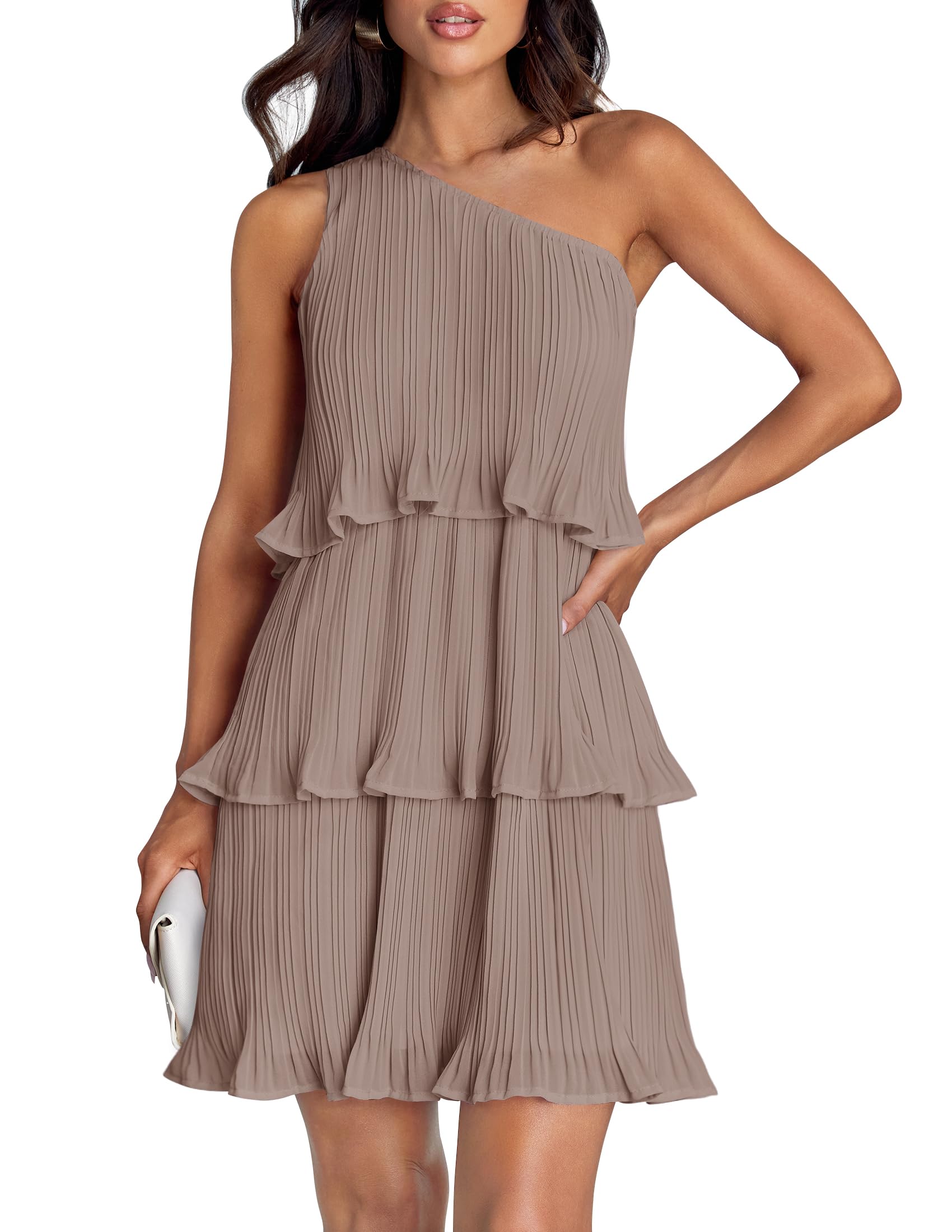 Luxuii One Shoulder Sleeveless Ruffle Tiered Chiffon Mini Dress