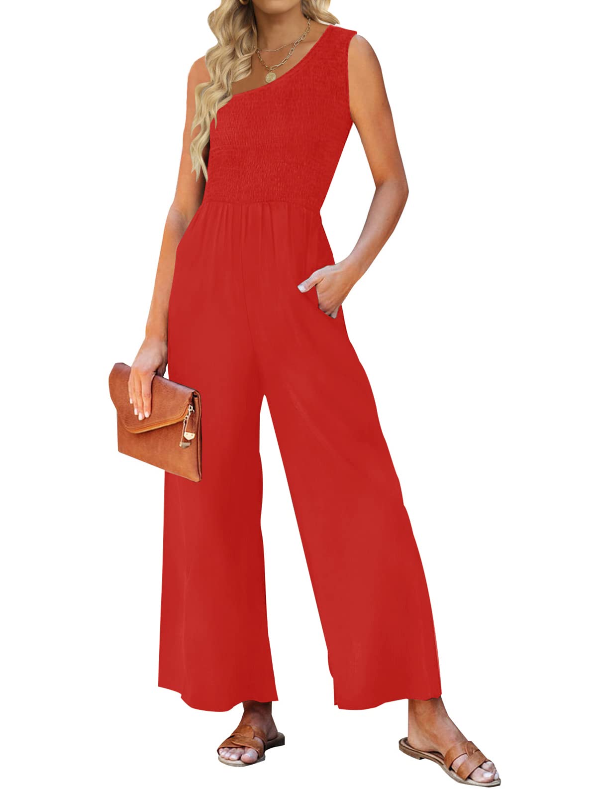 Luxuii One Shoulder Sleeveless Smocked Jumpsuit