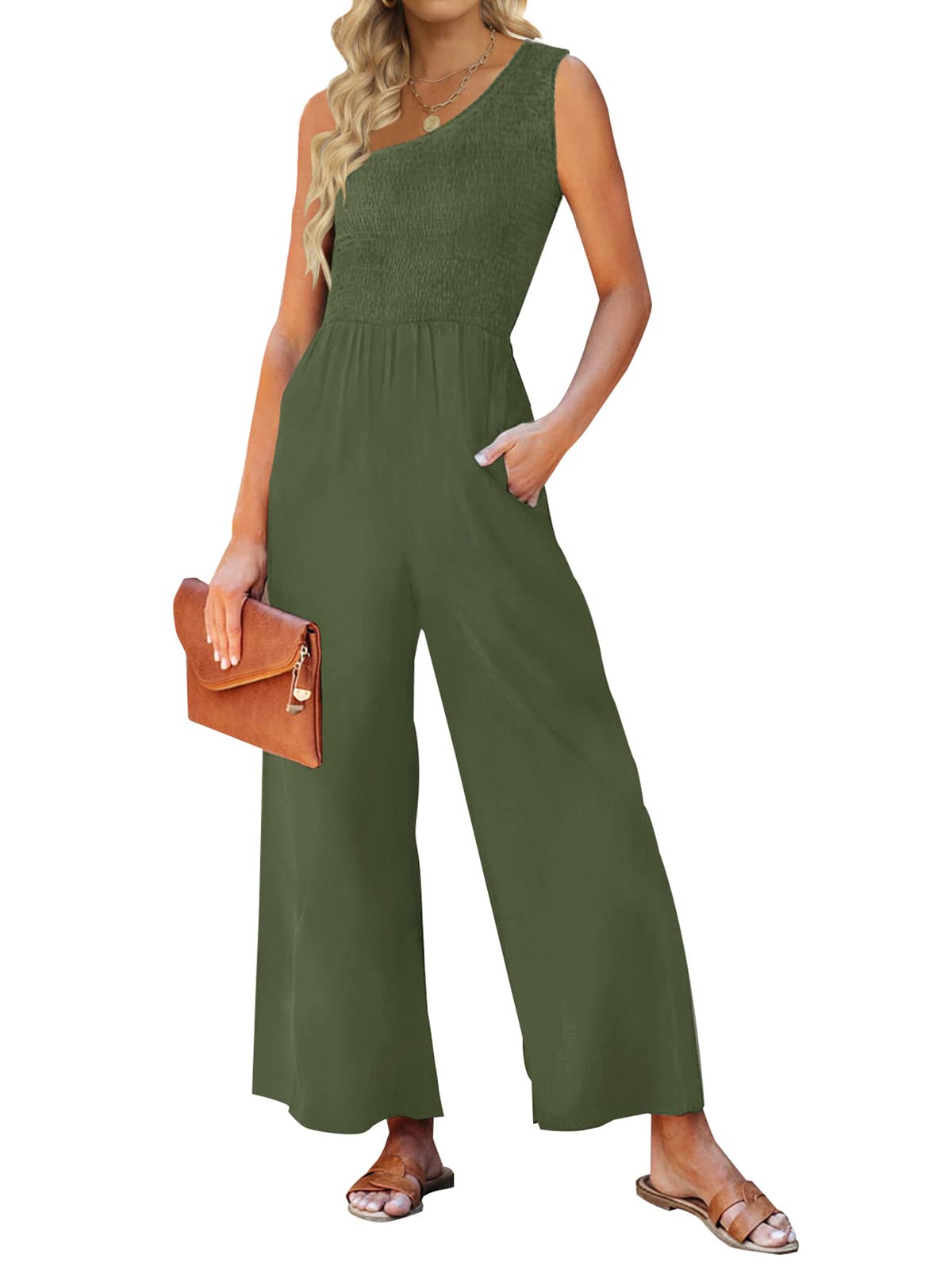Luxuii One Shoulder Sleeveless Smocked Jumpsuit