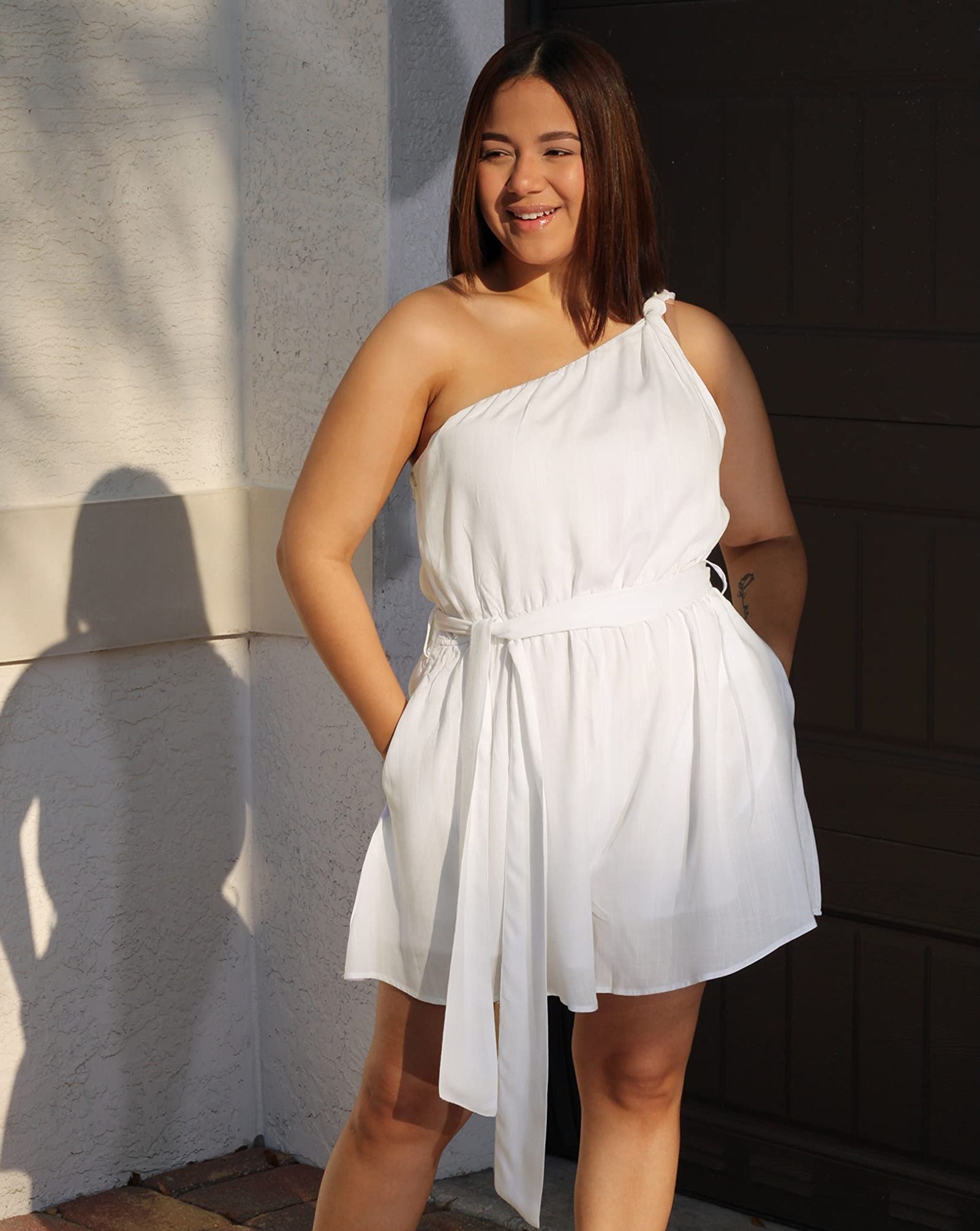 Luxuii One Shoulder Sleeveless Tie Waist Romper