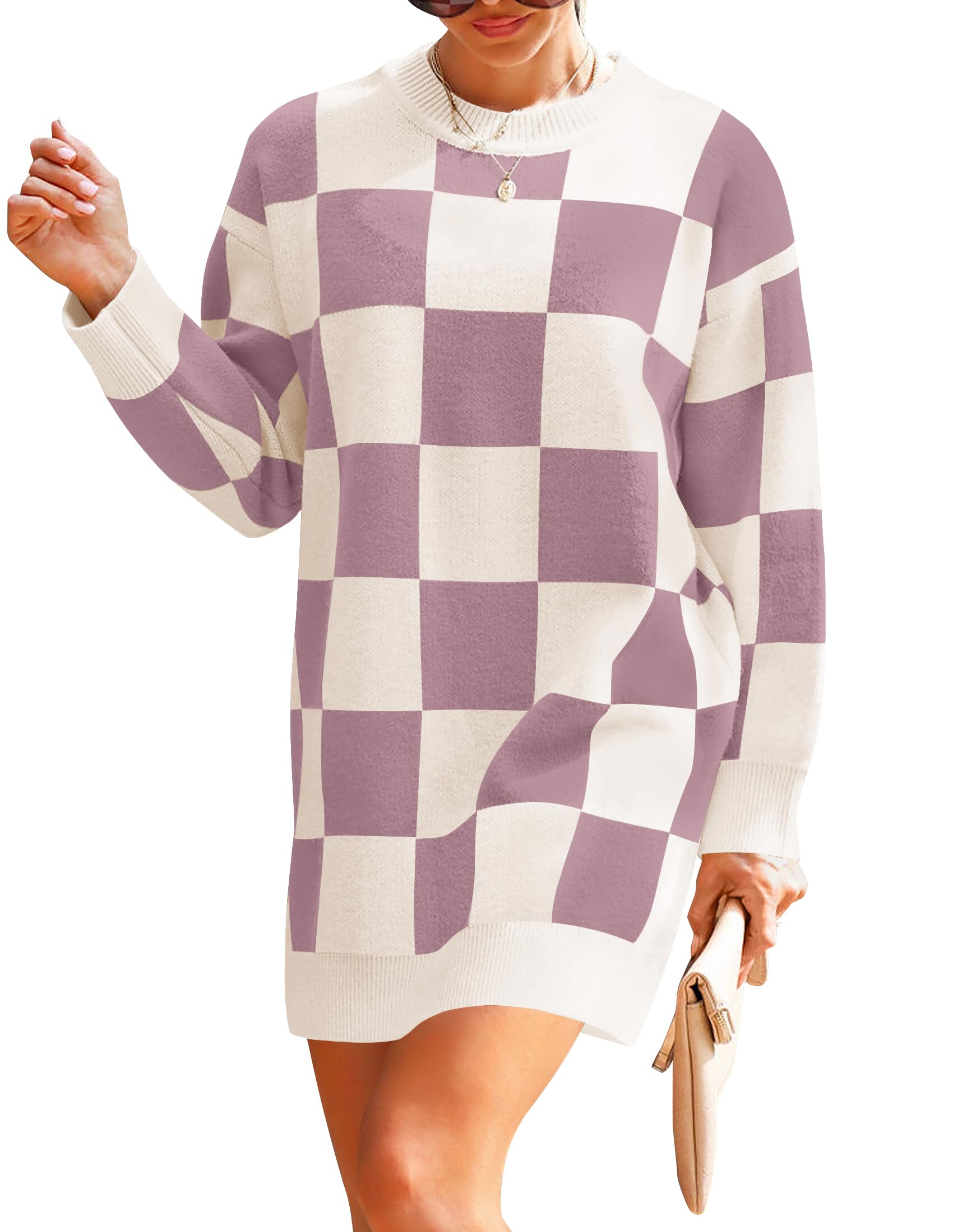 Luxuii Oversized Crew Neck Plaid Tunic Sweater Dress