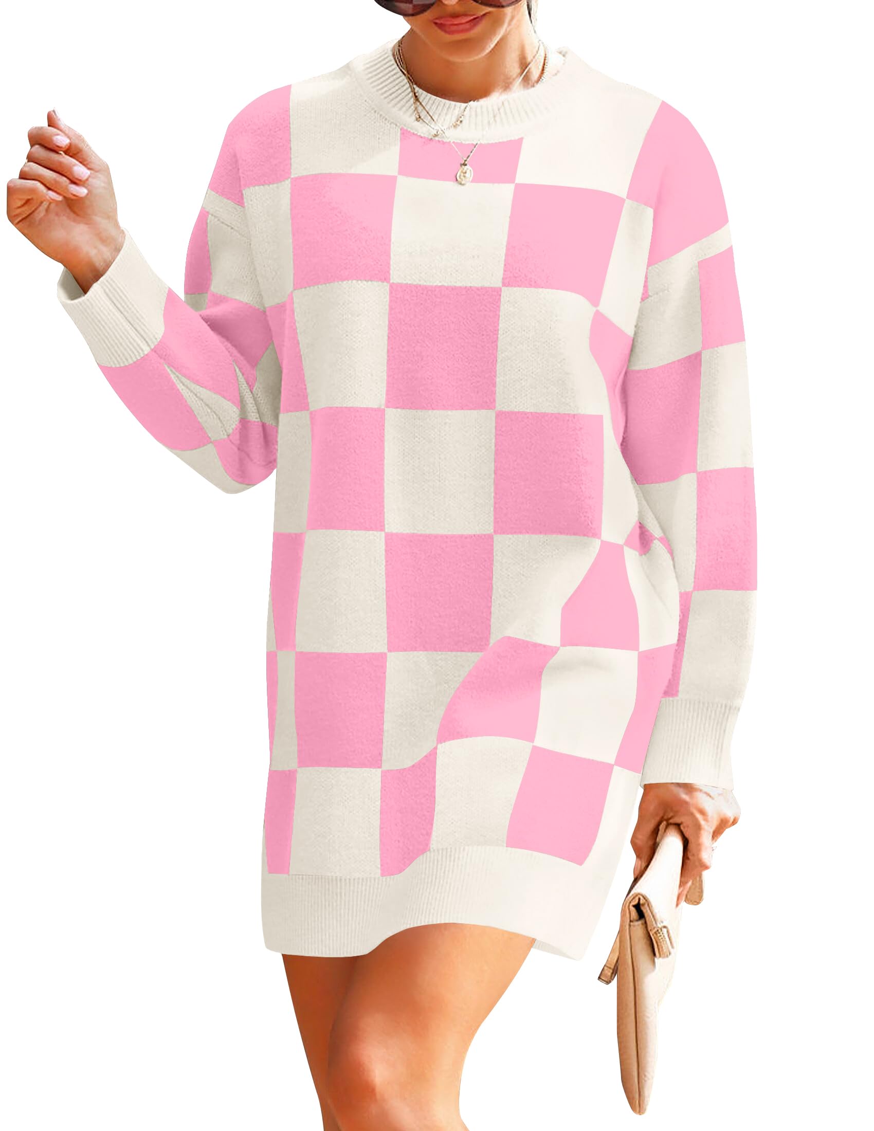 Luxuii Oversized Crew Neck Plaid Tunic Sweater Dress
