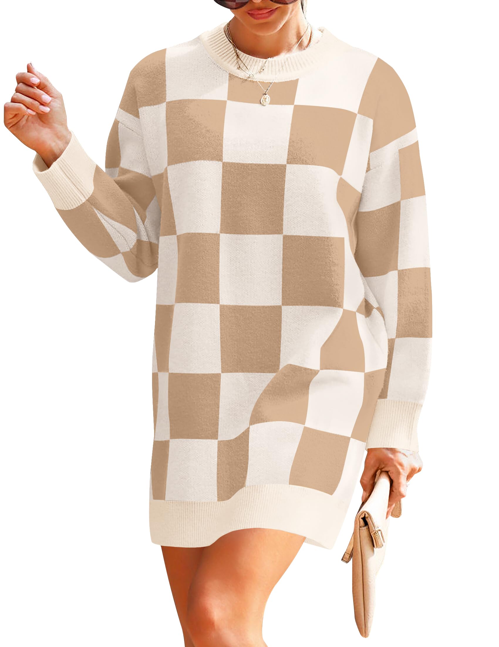 Luxuii Oversized Crew Neck Plaid Tunic Sweater Dress