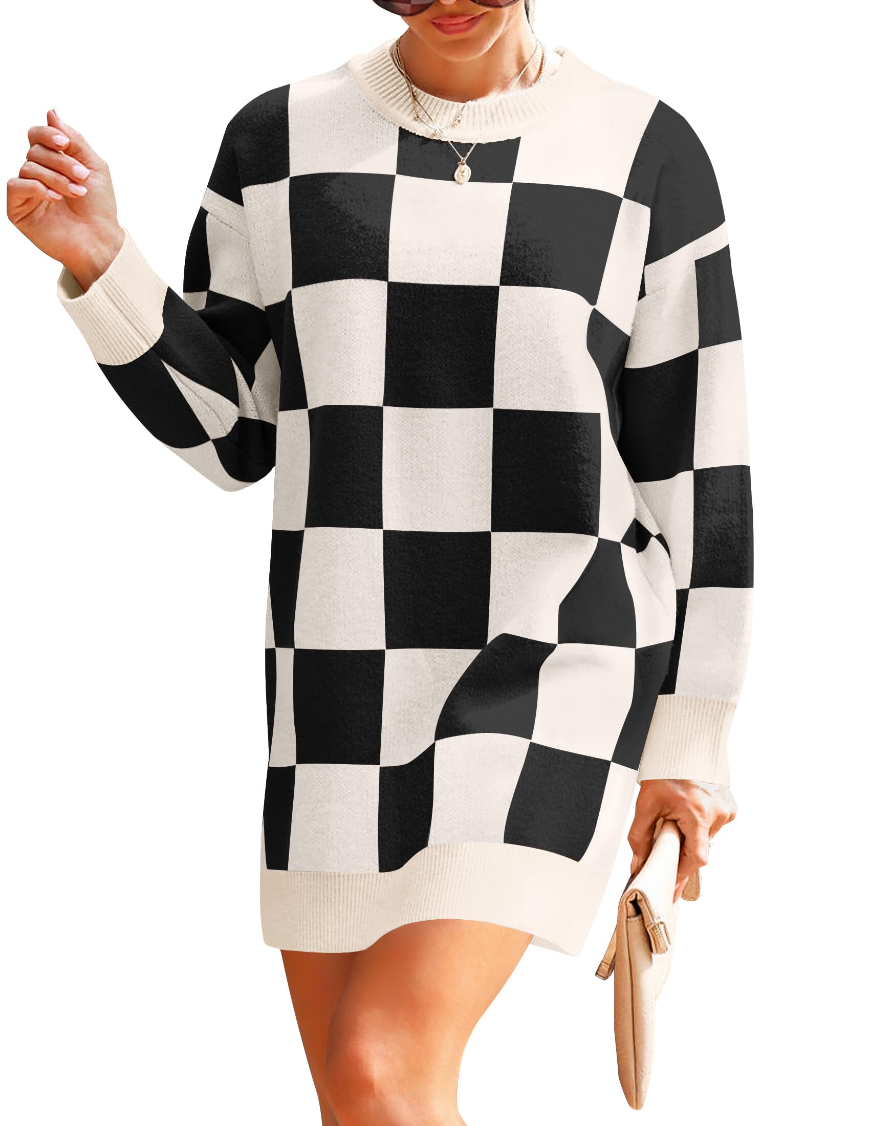 Luxuii Oversized Crew Neck Plaid Tunic Sweater Dress